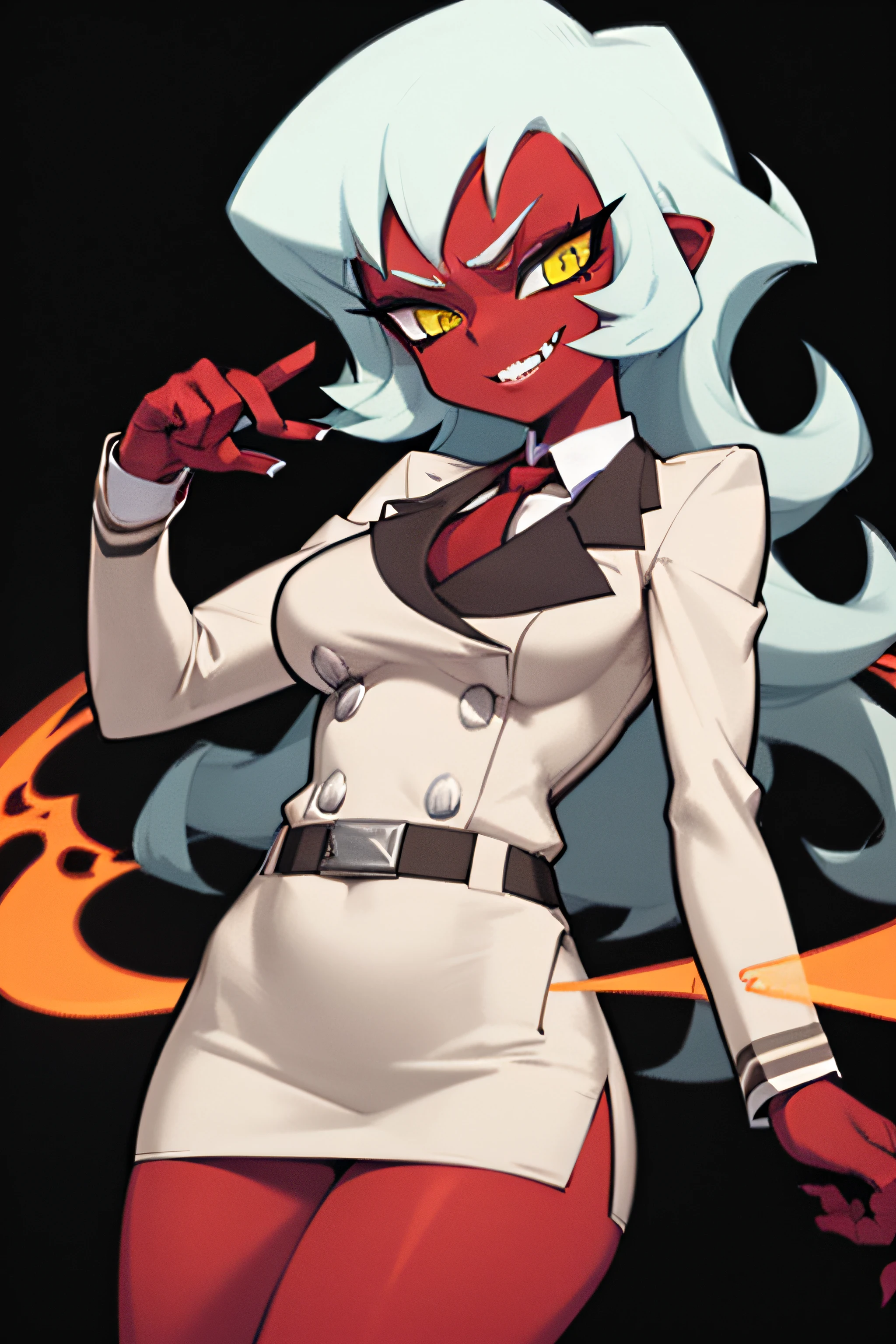 (masterpiece, best quality:1.2), solo, 1girl, psgscanty, (((red skin))), evil smile, looking at viewer, standing, confidence, arrogant, horns, v-shaped eyebrows,(((light grey skirt suit))), (((three-piece suit))), (((necktie))), (((dress shirt))), (((blazer))), (((suit jacket))), (((waistcoat))), double-breasted waistcoat, (((bodycon miniskirt))), pencil skirt, tie clip, pocket watch, pocket square, cufflinks, wide stance, dynamic pose, holding scythes,