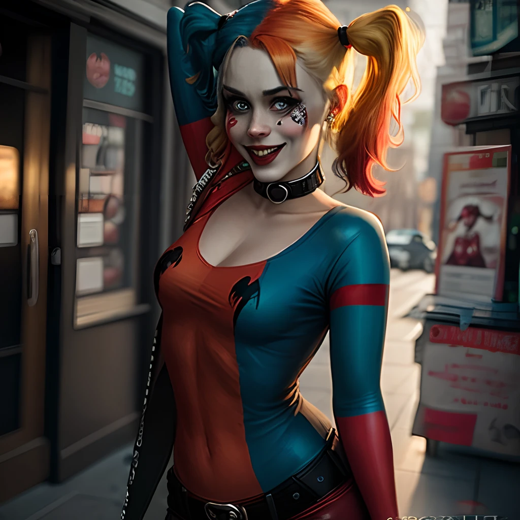 ((Arlequina de "Birds of Prey - Harley Quinn and her Fantabulous Emancipation")), inspirada em Margot Robbie, auto retrato hiper-realista, 8k UHD, DSLR, grain of film, pintura fotorrealista Fujifilm XT3 arte midjourney, (NSFW:1.4),