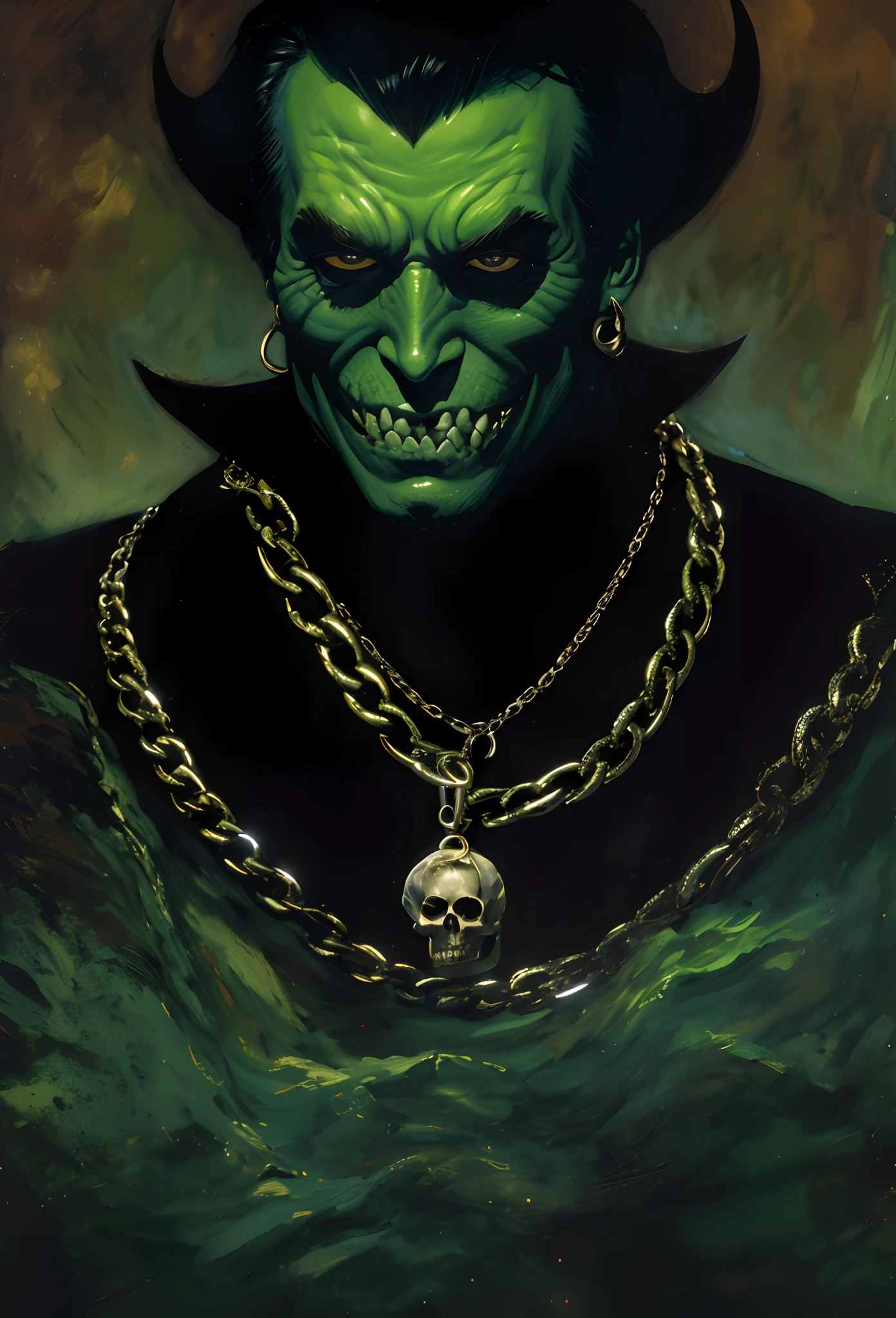 Painting of a green devil with a skull and a chain around his neck, inspired by John Easley, retrato verde do duende, jeff easley cinematic, inspirado em Joe Jusko, Directed by: John Easley, O Duende Verde, Directed by: Joe Jusko, inspirado em Don Maitz, Neal Adams | Esquerda, Estilo Simon Bisley, Duende Verde, olhos vermelhos