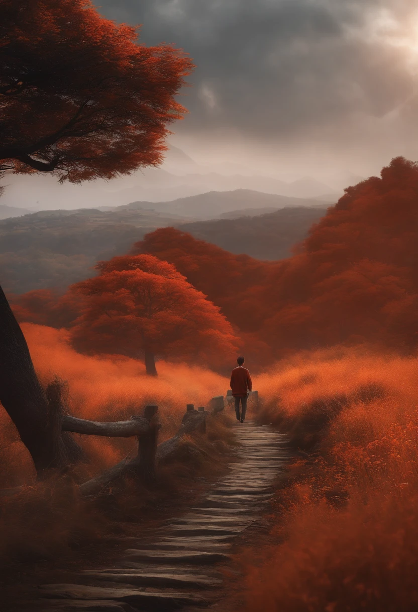 ((master part,melhor qualidade)), sozinho, pele cinzenta, cabelo espetado vermelho, menino de 10 anos, de lado | cinematic  composition, tema escuro, fogo vermelho, | , profundidade de campo, cinematic  composition, |, orange dragon, estilo anime, poster