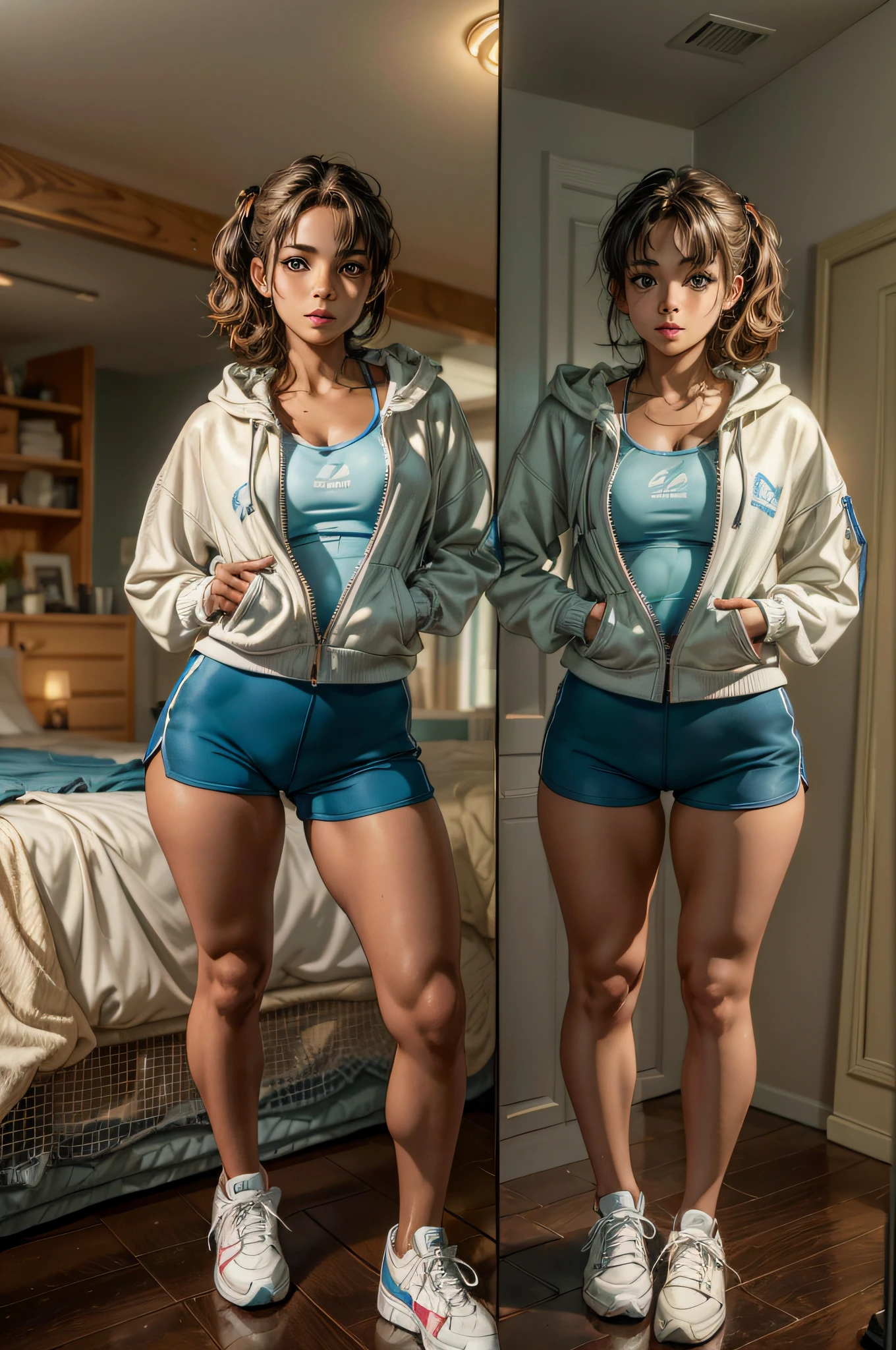 Beautiful teenage girl, blue eyes, brown hair, messy pixie hairstyle, bright smile, beautiful tan skin, perfect complexion, beautiful detailed eyes, beautifully detailed lips, fit and firm body, ample sized breasts, standing in front of a mirror, reflection, short blue zip up hoodie, plain athletic shirt underneath, spandex athletic shorts, converse tennis shoes, just after a workout, confident look, girl next door, (best quality,4k,8k, high res, masterpiece:1.2),ultra-detailed, realistic, photorealistic:1.37, fall vibes.