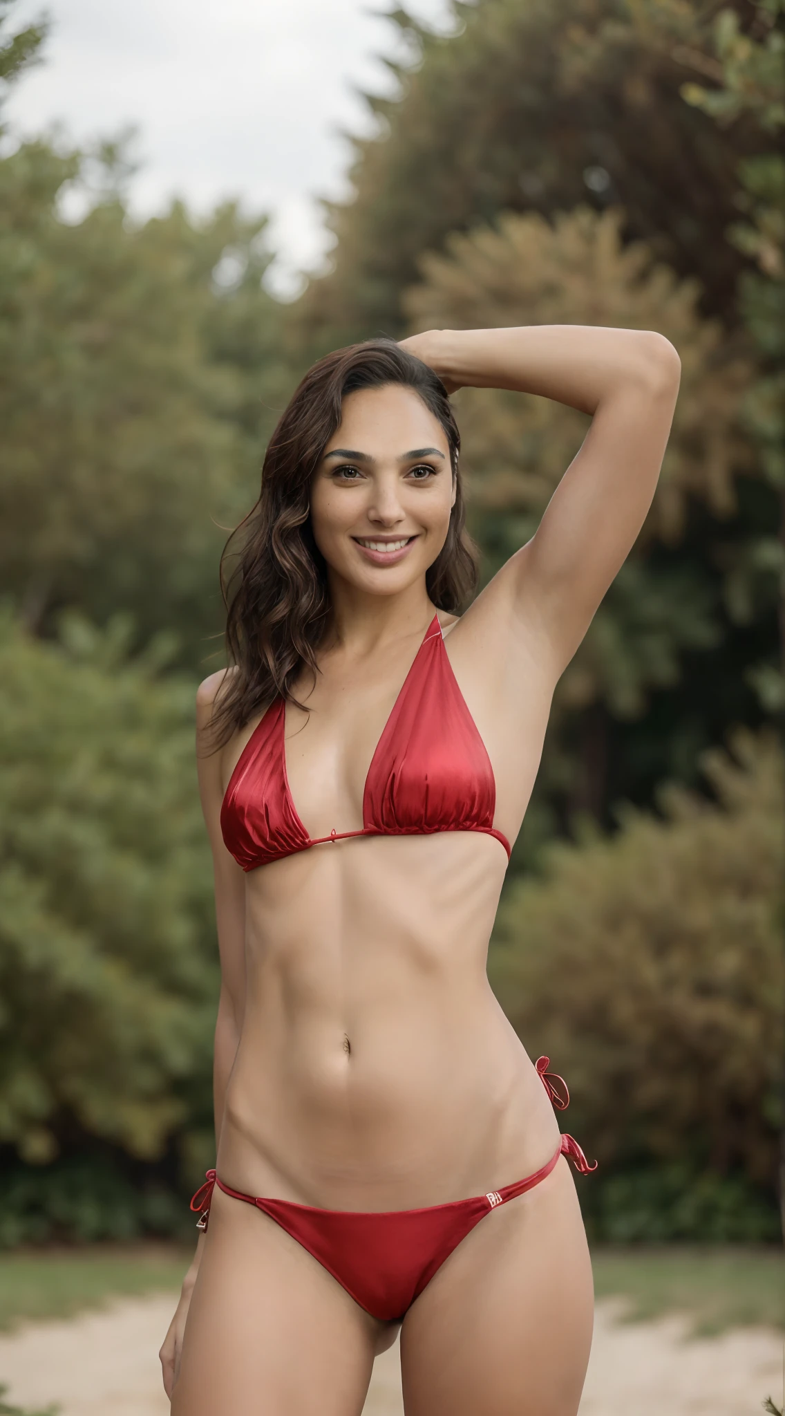 [Raw color  photo] Gal gadot (40 years old mature female celebrity) ( big smile)  ((insanely detailed skin texture)), (tanned browny skin tone) (( transparent silk red  bikini)), ( 6ft tall woman, tall  woman, big body, fit muscular attractive body ,seductive expression, fantasy background, slender abs, having a shining weapon, having a beautiful shield) (detailed and beautiful huge crown)  fantasy,(( perfect hands, perfect fingers , Kodak 200T, natural soft lighting, global illumination ,Clear facial features, 85mm, 100mm lens, f/1.8 uplight, Ilford film stock --ar 16:9 --q 2 --v 5, Create ultra-detailed images textures, capturing every detail with precision ))