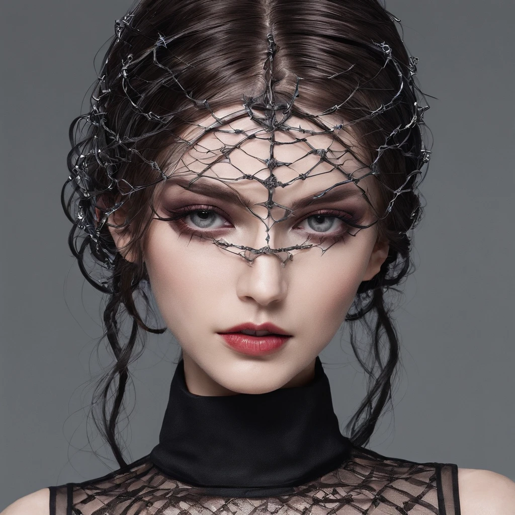 Girl in gothic mesh symbolic clothes, 。...com (Body barbed wire) Brunette hair color,The ends of gray hair