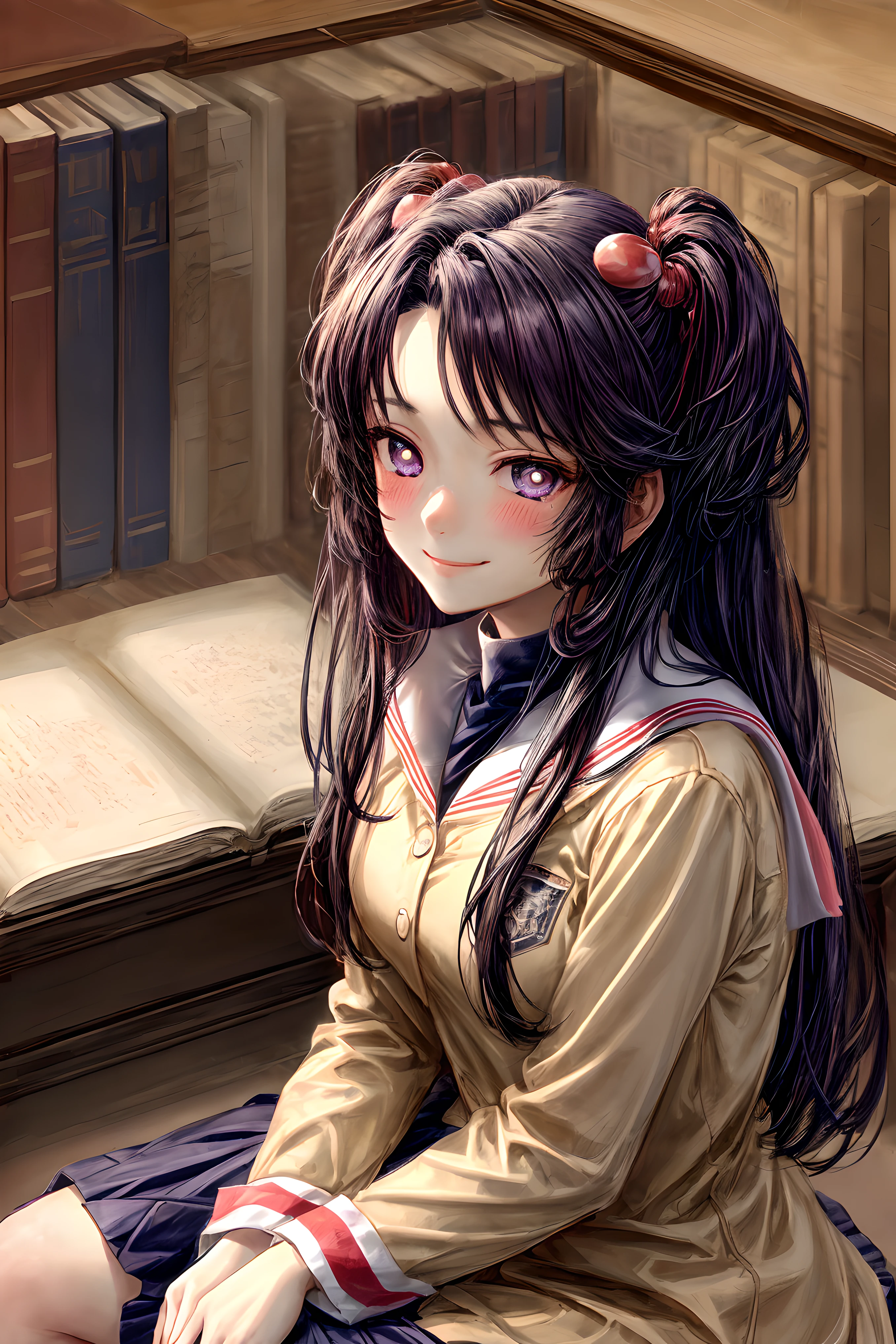 ((masterpiece)), (best quality), (perfect face), (extreme detailed face), (extreme detailed eyes) 1girl, (((Kotomi))), full face, long hair, beautiful eyes, blush, solid pupils, library, (sitting on floor), ((slight smile)), (official art, extreme detailed, intricated details, high resolution textures)