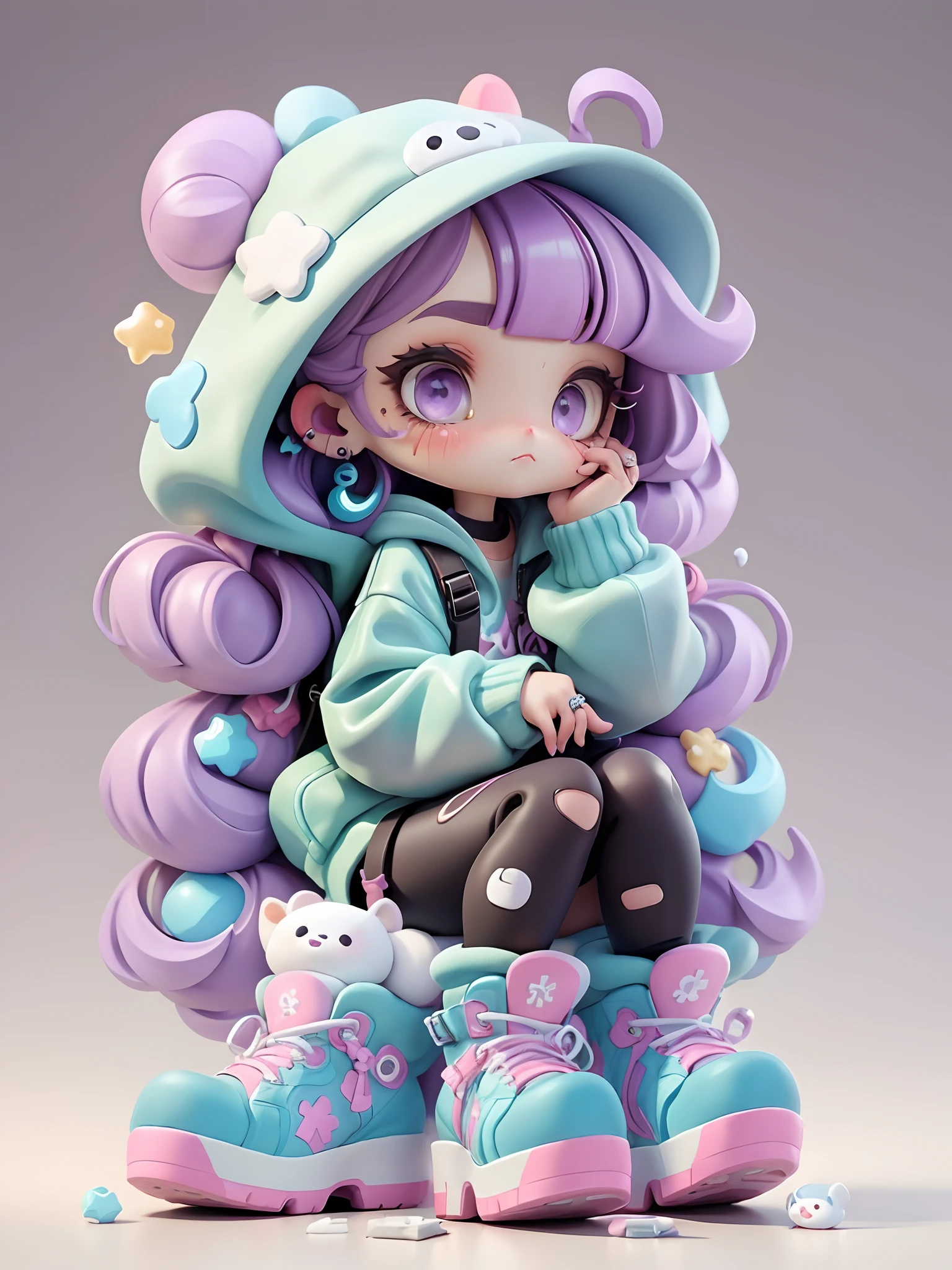 purple hair, side bangs, pink hair streaks, bubbly animalears, buns , medium lenght hair, white hat with X on middle, sitting, pensive, thinking girl, whiteish eyes, lilac eye, fullbody, chibi, fullbody art, wearing a sweat shirt with hoodie, hood sweater, blue belts and harness, ripped leggings, purple boots, boots with pink lace, pink laces, big platforms, sitting on blue thing,1girl, a doll , 3 d, ( highly detailed figure ), [ trending on cgsociety ]!!, beautiful girl, style as nendoroid, modern harajuku style, fashion, street fashion, figurine, blender, bandaid on face, ring earrings, shapes