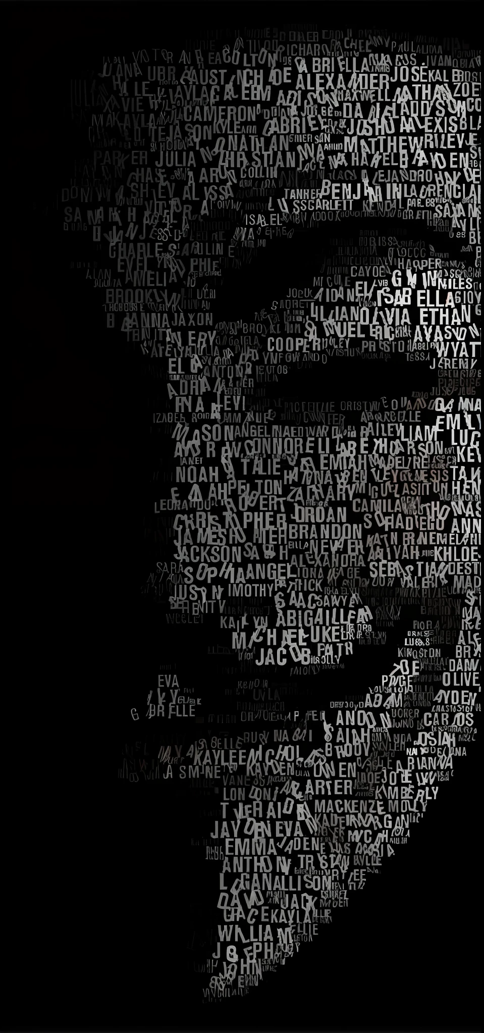 um close up de uma pessoa com um fundo preto e um fundo preto, papel de parede do telefone, face made of notation, paper awesome wallpaper, fundo do telefone, papel de parede do iphone, tipografia fragmentada, fundo do papel de parede, wallpaper mobile, papel de parede do telefone hd, typographical experiments, em um fundo escuro, fundo do iphone, papel de parede de alta qualidade, screensaver, Cartaz de texto, typographic