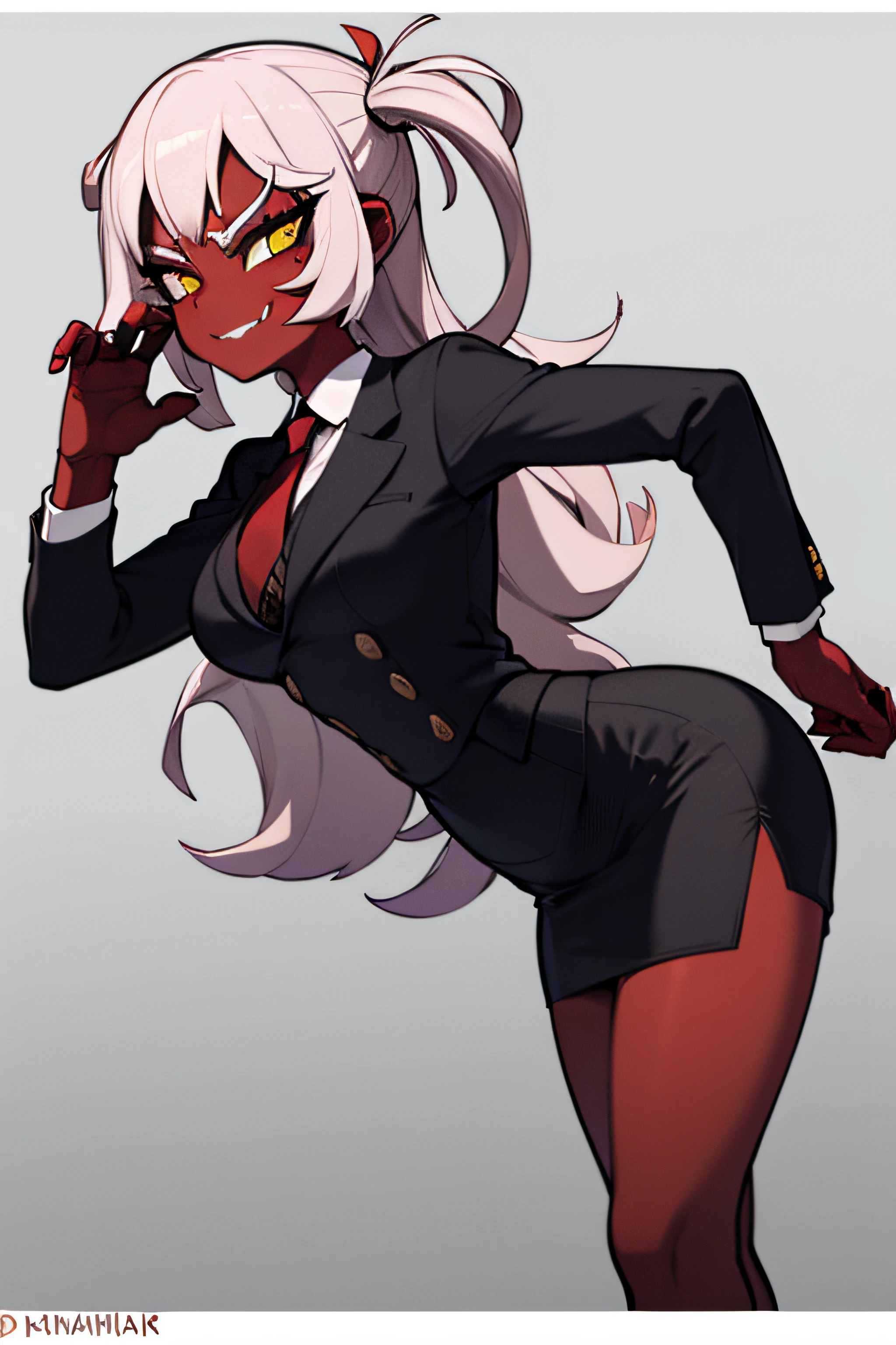 (masterpiece, best quality:1.2), solo, 1girl, psgscanty, (((red skin))), evil smile, looking at viewer, standing, confidence, arrogant, horns, v-shaped eyebrows, (((black pinstripe skirt suit))), (((three-piece suit))), (((necktie))), (((dress shirt))), (((blazer))), (((suit jacket))), (((waistcoat))), double-breasted waistcoat, (((bodycon miniskirt))), pencil skirt, tie clip, pocket watch, pocket square, cufflinks, wide stance, dynamic pose,