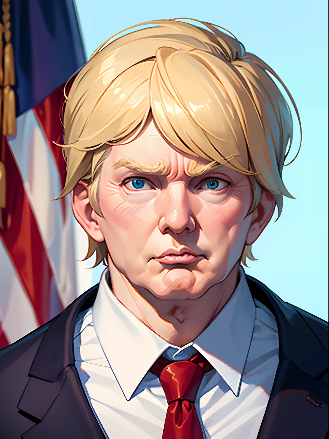 (best quality,4k,8k,highres,masterpiece:1.2),ultra-detailed,(realistic,photorealistic,photo-realistic:1.37),portraits,extremely detailed face,fused face of Donald Trump,Barack Obama,and Hillary Clinton,hair style of Donald Trump,skin tone of Barack Obama,facial expression of Hillary Clinton,intense gaze,middle-aged man,dressed in a suit,confident and powerful pose,vibrant colors,studio lighting,sharp focus,hints of political symbolism,subtle smile,background with American flag motifs,presidential air,deep and impactful presence,combination of political ideologies