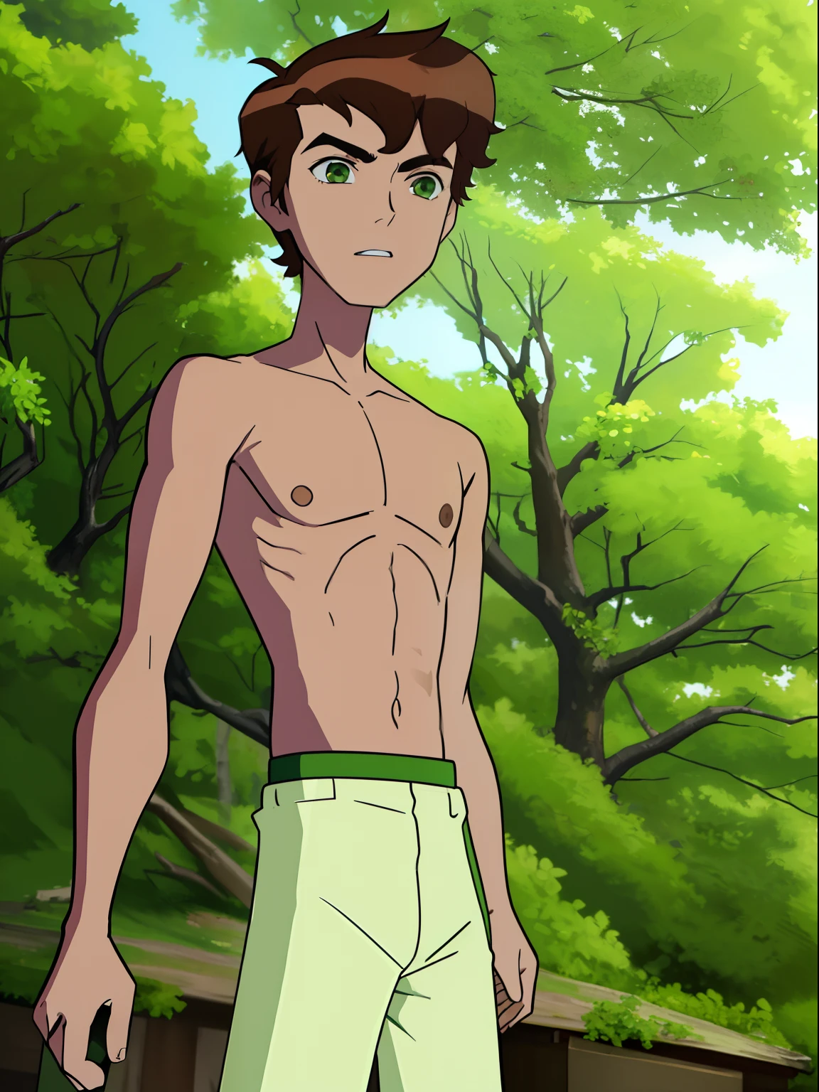 Highres, Masterpiece, Best quality at best,Best Quality,hight quality, hight detailed, boy, 1boy, bentennyson, brown hair, green eye, view from front, (short body), (shirtless, topless, bare chest), without cloth, sexy,