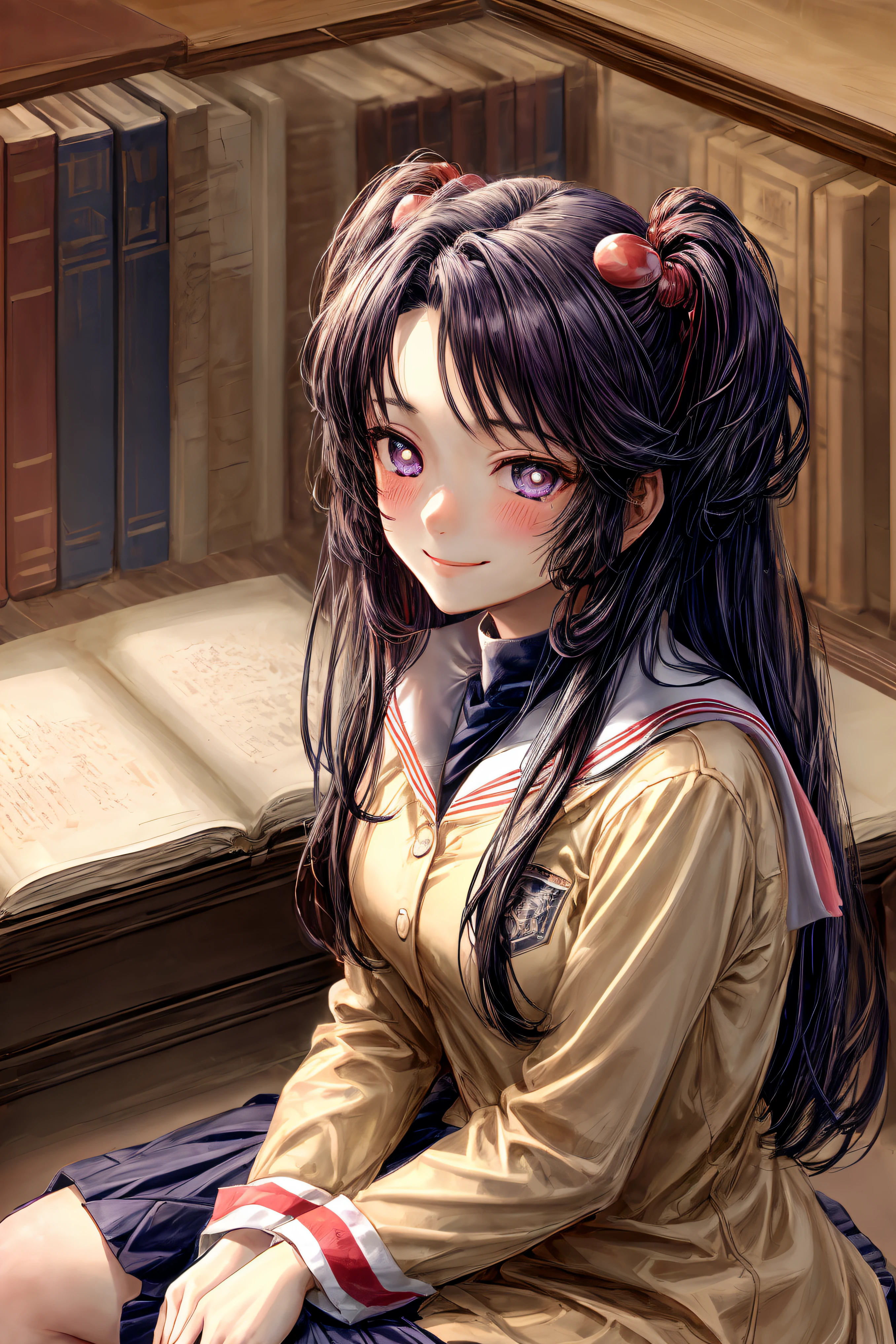 ((masterpiece)), (best quality), (perfect face), (extreme detailed face), (extreme detailed eyes) 1girl, (((Kotomi))), full face, long hair, beautiful eyes, blush, solid pupils, library, (sitting on floor), ((slight smile)), (official art, extreme detailed, intricated details, high resolution textures)