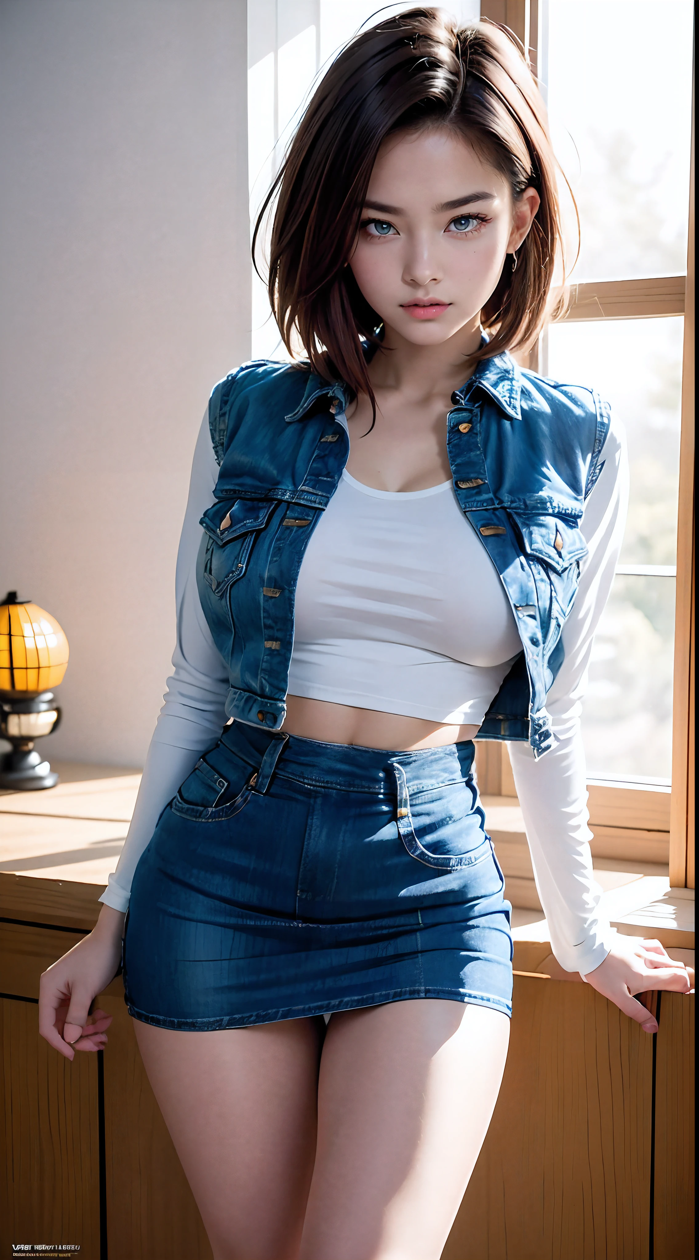 Hyper detailed image, UHD, 16k, professional photo, (Realistic photo of Android-18 From Dragon Ball Z) girl Goddess of beauty, very straight short blonde hair, serious face expression, ((she wears a blue denim jacket and a cropped white shirt, short white underground showing flesh of the breast)), erotic, open denim jacket showing her impressive, beautiful and perfect big breasts, ((natural sagging breasts, breasts, ultra giant pointed long breasts sticking out of the jacket)) full breasts, body big skinny, curvy, pert ass, she wears a belt and a (((blue denim skirt raised she doesn't wear panties, pussy showing, pubic hair showing, lifting her skirt with her hand))), thick legs open, grinning showing thong stuck in pussy, flexible body, brown boots, perfect hands and fingers,
android 18, sexy saiyan girl, she releases blasts of power, ki, Official Art, Android-18 Sexy female, official art of the character, sexy female protagonist, curved body, thin and toned, legs open, exposed, micro thong threaded into her pussy:8, Akiri Toriyama, Director: Akira Toriyama, Bulma from Dragon Ball, Best Anime Character Design, Style Akira Toriyama, unique character beautiful, semi-nude, (great lighting) (pussy, Pornography, pubic hair), ( without panties showing pussy)