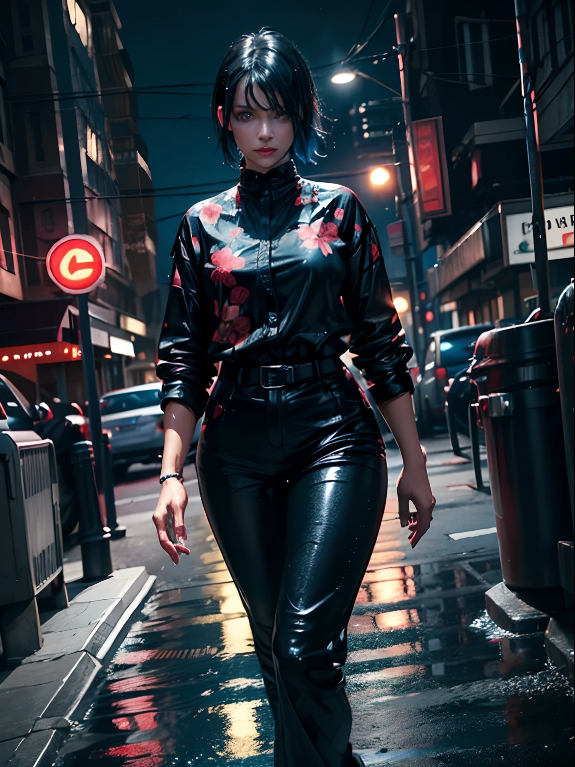 Outdoors, black mature woman, wearing black and red floral shirt, wearing black dress pants, blue eyes, glowing eyes, short hair, grey skin, club environment, night, blue neon signs, 8k, Unreal engine, highly detailed, photorealistic, wet clothes, dripping wet