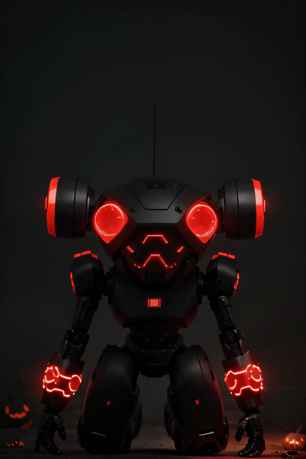 Create me several small black and red haloween robots in a futuristic and terrifying universe