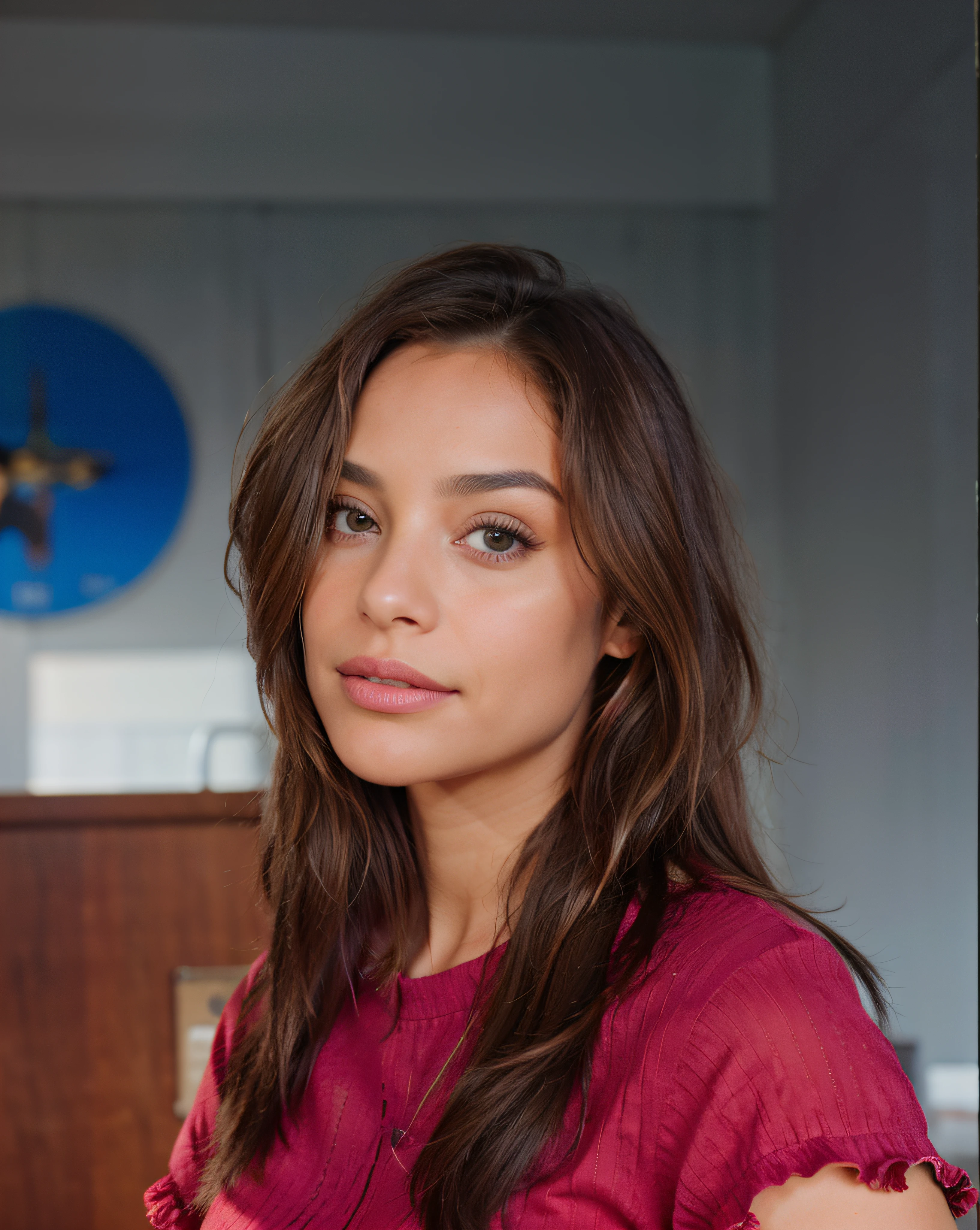 An urban adult female with a messy layered bob of long and curly brown hair, warm brown eyes reflecting compassion and kindness. Her self-assured demeanor and graceful figure exude elegance as she stands before an impressive urban white shirt and blue jeans, Clad in a sophisticated dark brown office frock and gladiator heels, she remains resolute in the face of an apocalyptic wind and weather. The photorealistic image captures her captivating presence amidst the chaos, and the sparkling eyes draw viewers into the compelling visual narrative of strength and determination , mixed race , smiling , looking away , 18 years old .