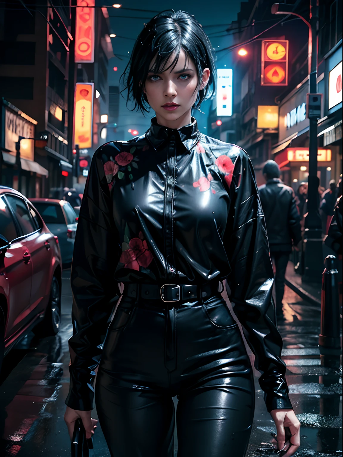 Outdoors, black mature woman, wearing black and red floral shirt, wearing black dress pants, blue eyes, glowing eyes, short hair, grey skin, club environment, night, blue neon signs, 8k, Unreal engine, highly detailed, photorealistic, wet clothes, dripping wet