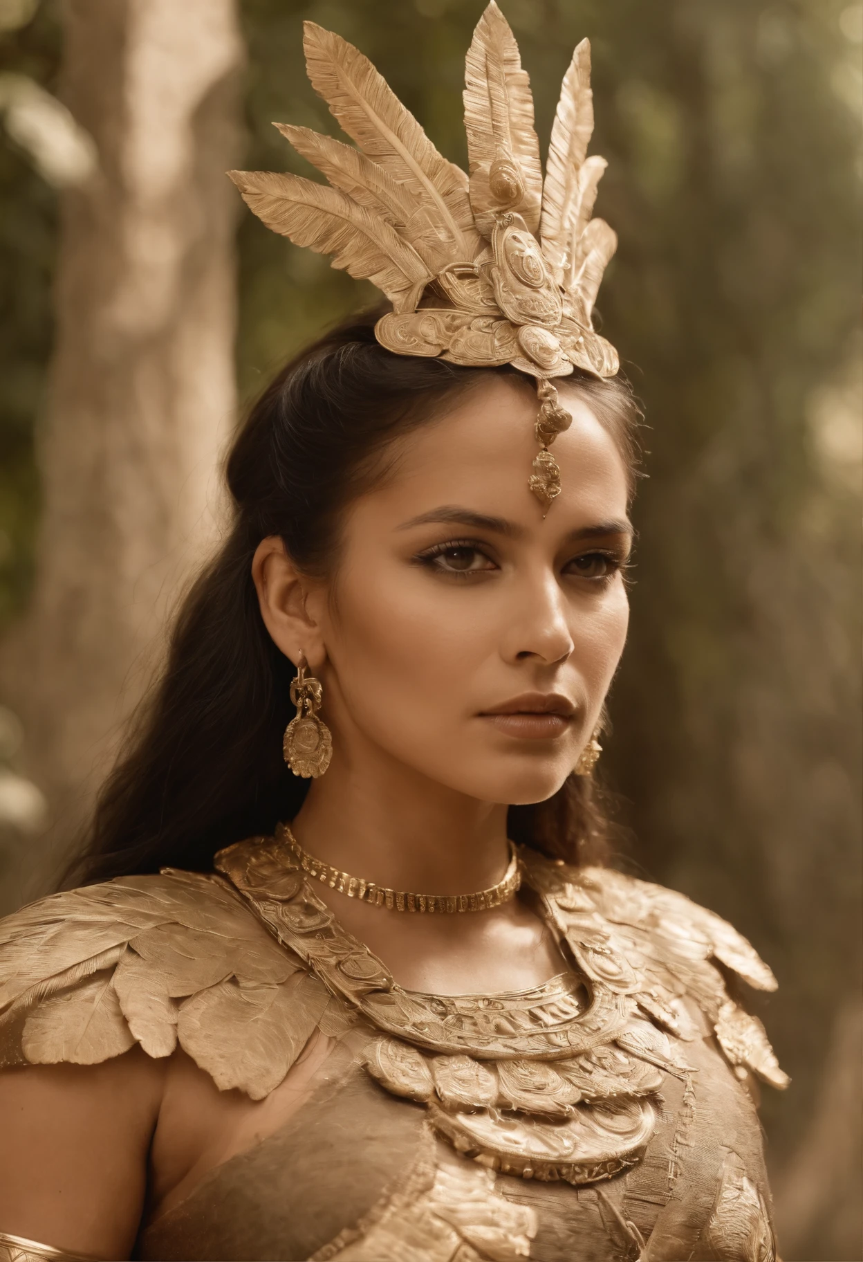 old 1990s movie sepia found footage of a maya queen warrior surrealism, jaguar, quetzal, gold, jade, weird horror sci-fi -