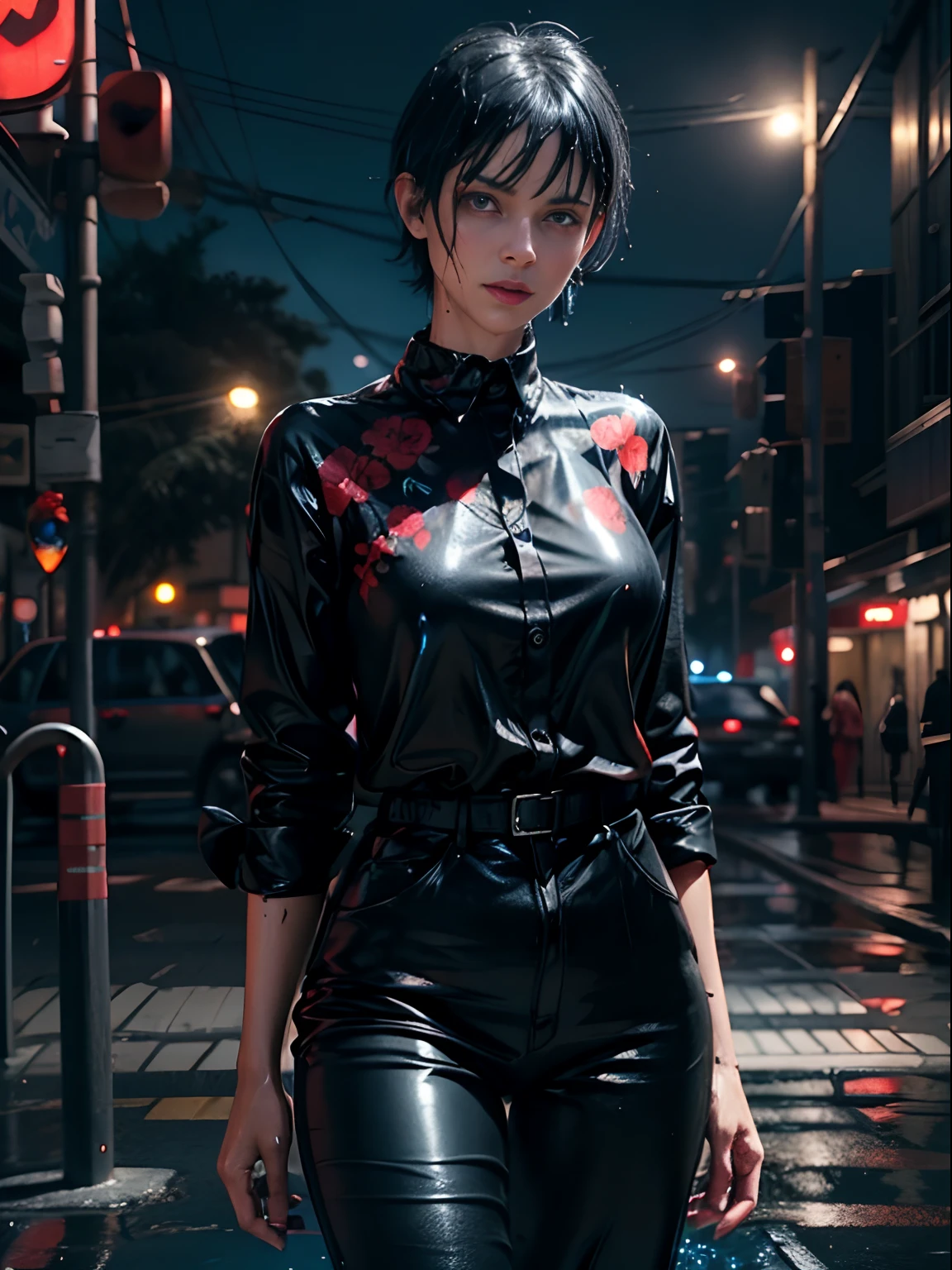 Outdoors, black mature woman, wearing black and red floral shirt, wearing black dress pants, blue eyes, glowing eyes, short hair, grey skin, club environment, night, blue neon signs, 8k, Unreal engine, highly detailed, photorealistic, wet clothes, dripping wet