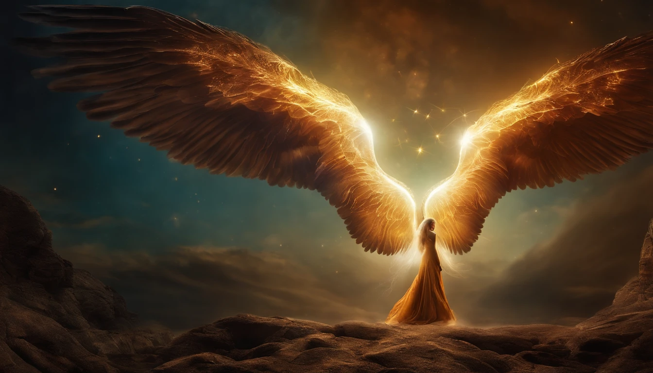 cosmic fallen angel, olhos claros brilhantes, Biomechanicals, estranho, assustador, Pesadelo, cores muito brilhantes, light particles, com luz brilhante, Mshiff, Arte do papel de parede, Papel de parede UHD, montanha monte sinai, moses, Long hair in the back too much fire, Dark Sky