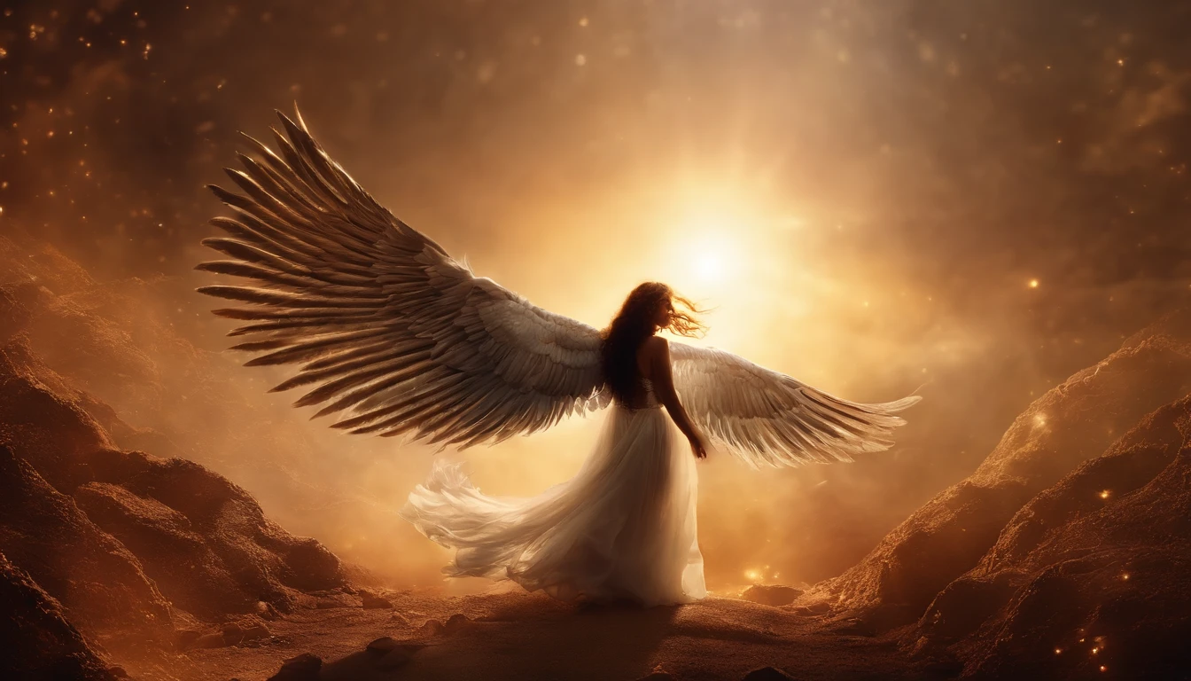 (best quality,4k,8k,highres,masterpiece:1.2),ultra-detailed,(realistic,photorealistic,photo-realistic:1.37),cosmic fallen angel,glowing light eyes,very bright colors,eerie,creepy,nightmarish,light particles,light glowing,soul serenity:guided relaxation mix for inner peace,mshiff,wallpaper