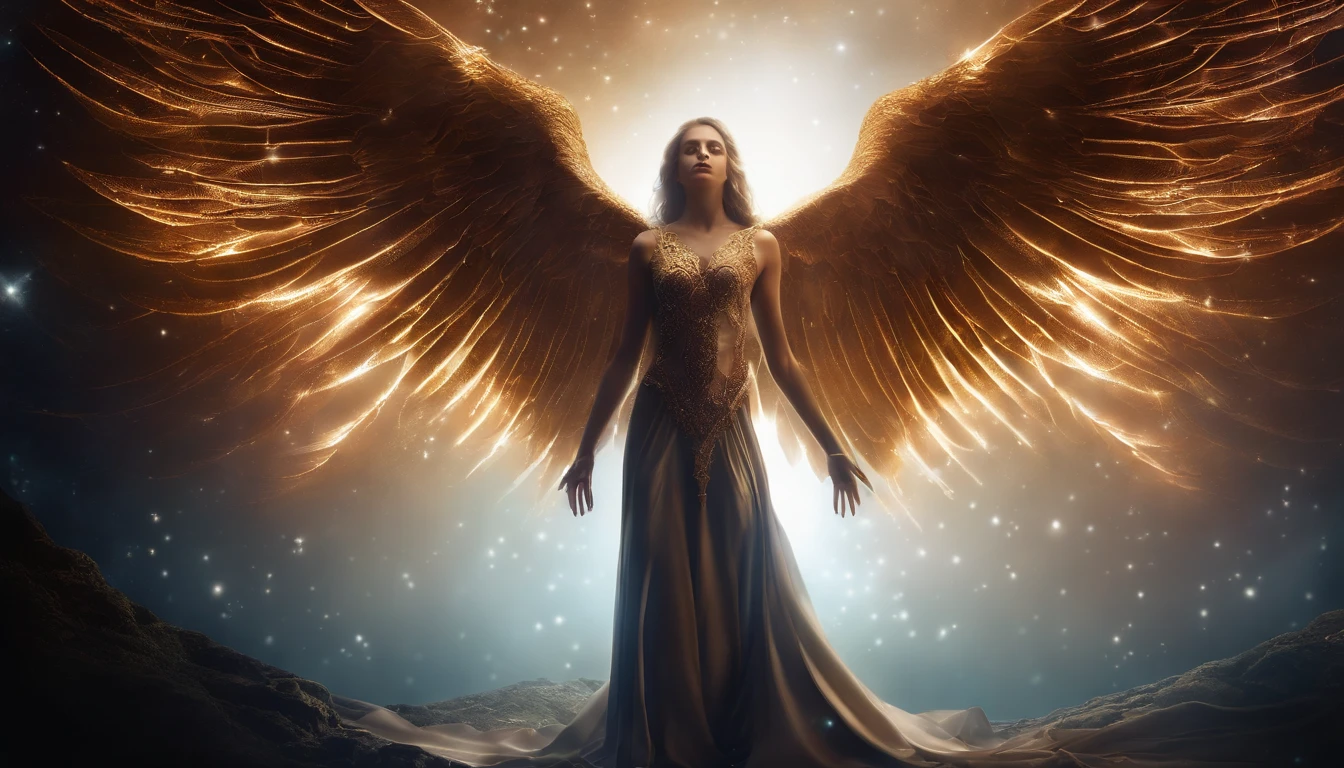 cosmic fallen angel, olhos claros brilhantes, Biomechanicals, estranho, assustador, Pesadelo, cores muito brilhantes, light particles, com luz brilhante, Mshiff, Arte do papel de parede, Papel de parede UHD