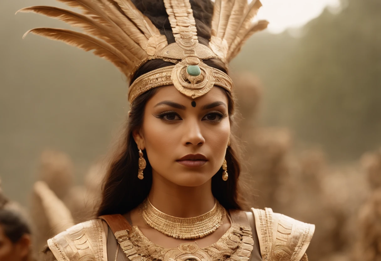 old 1990s movie sepia found footage of a maya queen warrior surrealism, jaguar, quetzal, gold, jade, weird horror sci-fi -