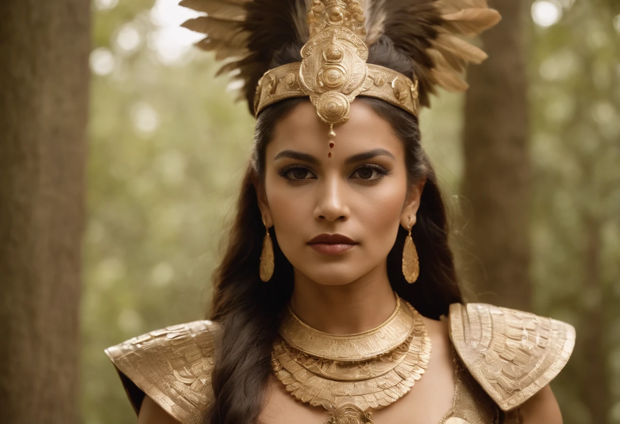 old 1990s movie sepia found footage of a maya queen warrior surrealism,  jaguar,  quetzal,  gold,  jade, weird horror  sci-fi -