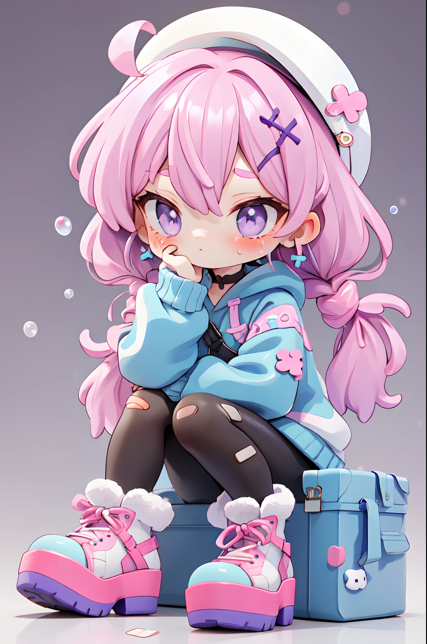 purple hair, side bangs, pink hair streaks, bubbly animalears, buns , medium lenght hair, white hat with X on middle, sitting, pensive, thinking girl, whiteish eyes, lilac eye, fullbody, chibi, fullbody art, wearing a sweat shirt with hoodie, hood sweater, blue belts and harness, ripped leggings, purple boots, boots with pink lace, pink laces, big platforms, sitting on blue thing,1girl, a doll , 3 d, ( highly detailed figure ), [ trending on cgsociety ]!!, beautiful girl, style as nendoroid, modern harajuku style, fashion, street fashion, figurine, blender, bandaid on face, ring earrings, shapes