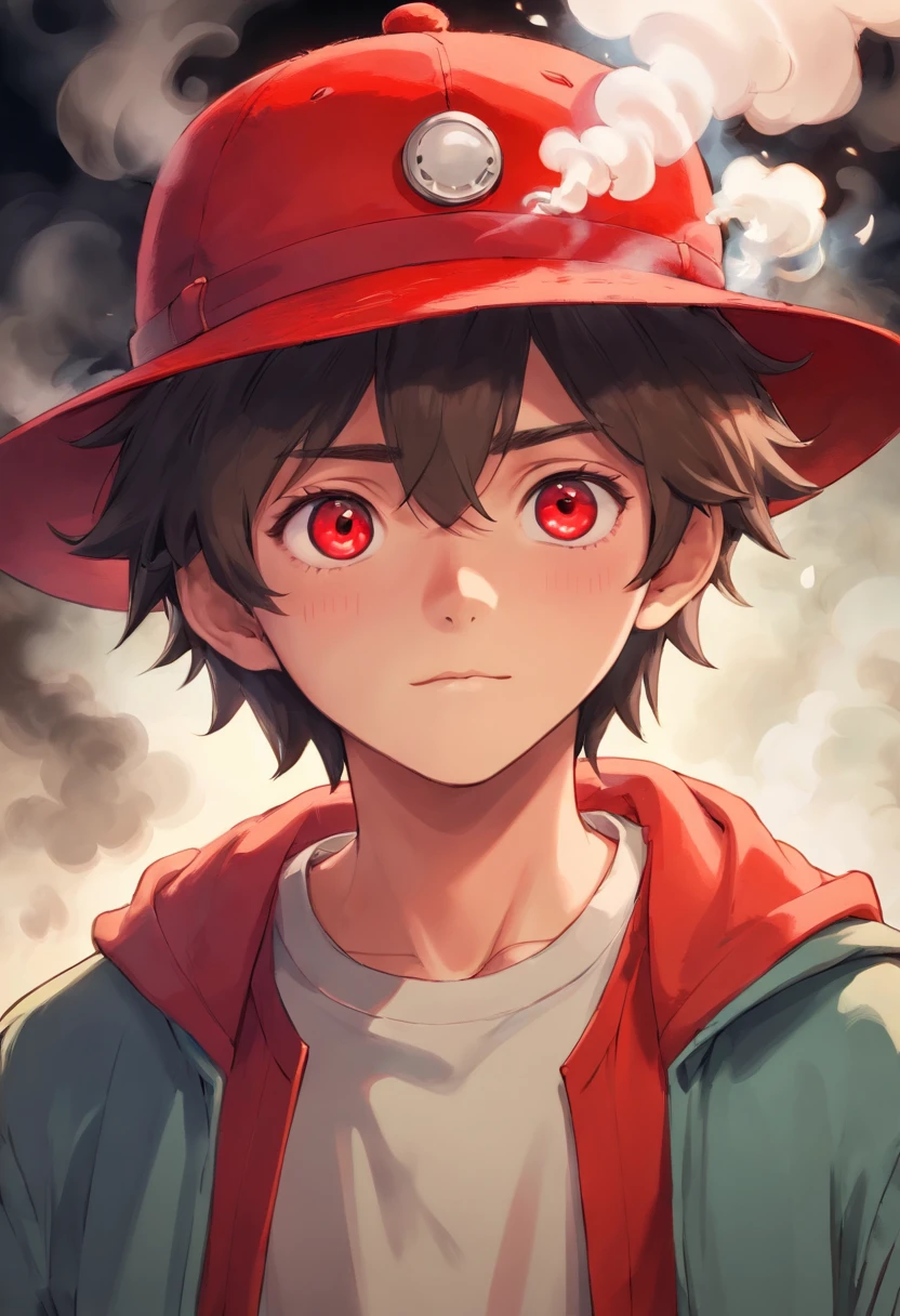 Realistic drawing of a boy in a red hat with red eyes, Cigarette in Your Teeth, Smoke, wide pants