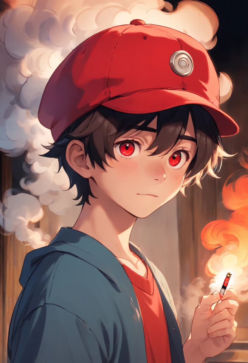 Realistic drawing of a boy in a red hat with red eyes, Cigarette in Your Teeth, Smoke, wide pants