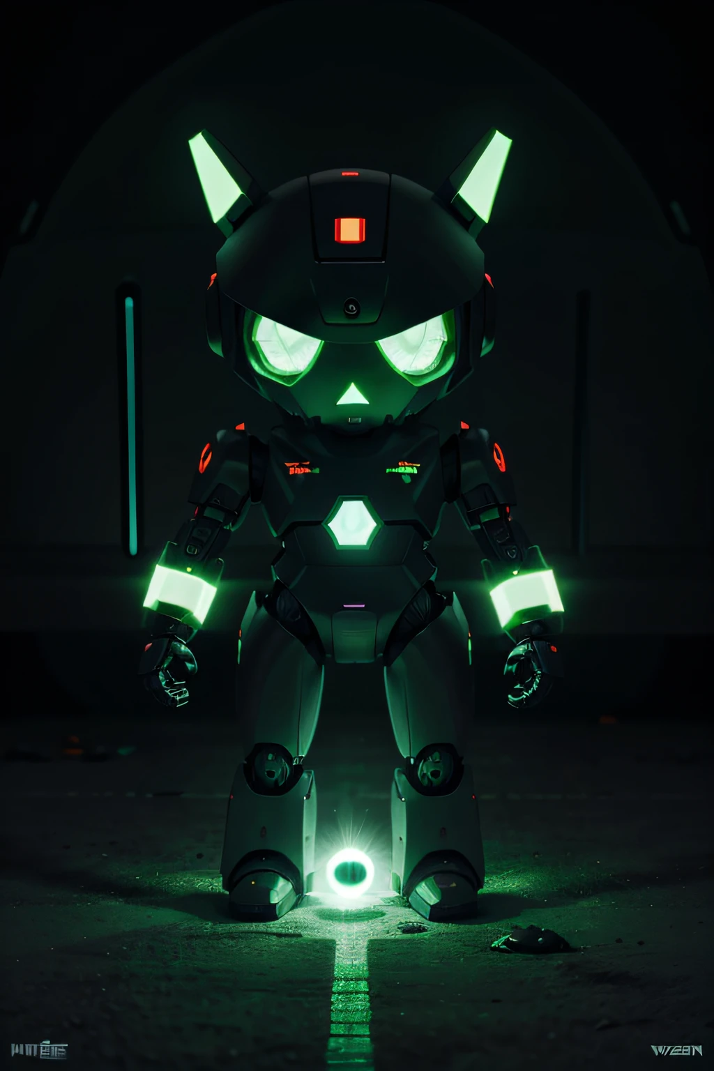 Create me cute little robots with green haloween green laser eyes in a futuristic and terrifying universe