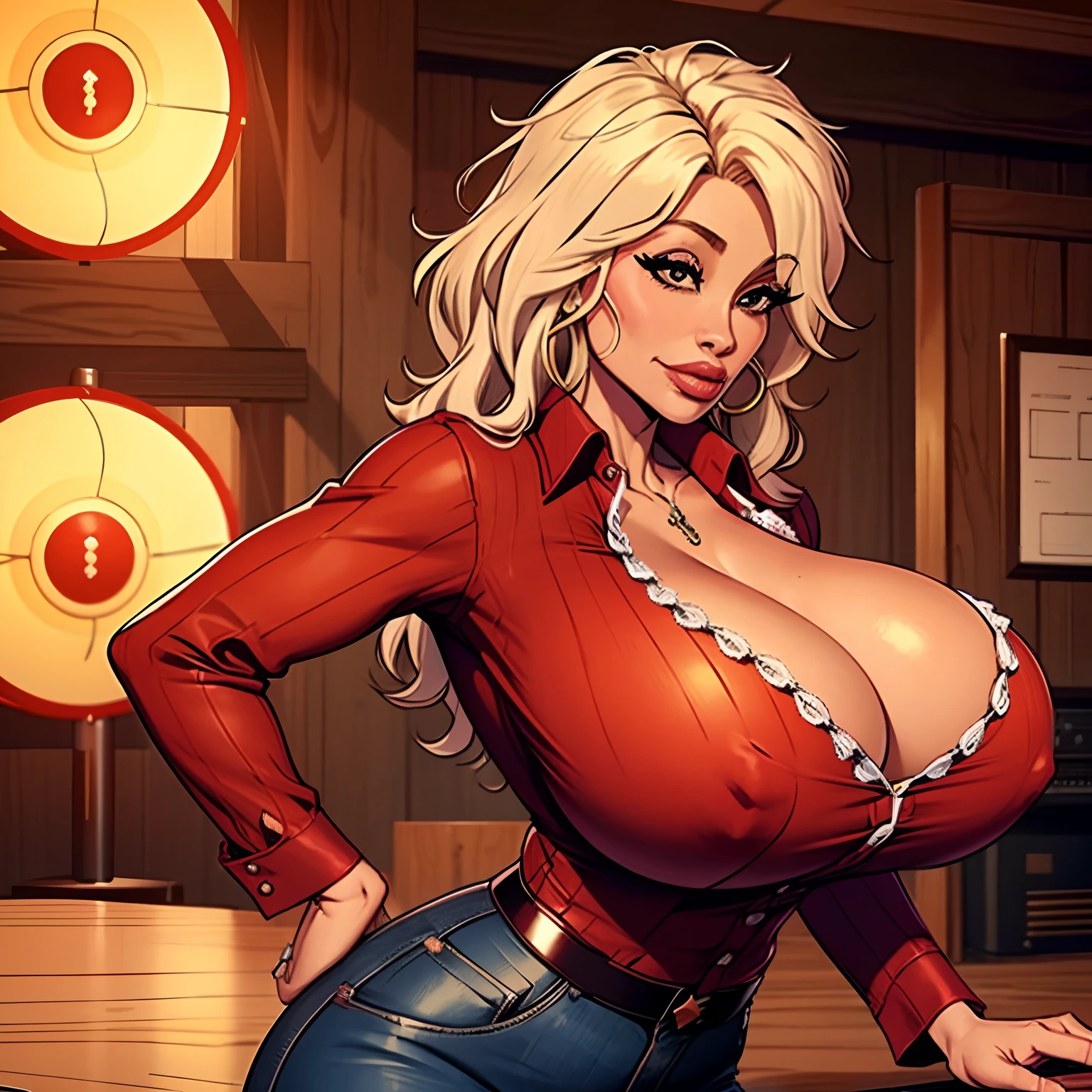 Huge breasts sexy afro attractive tight red button down shirt Dolly Parton