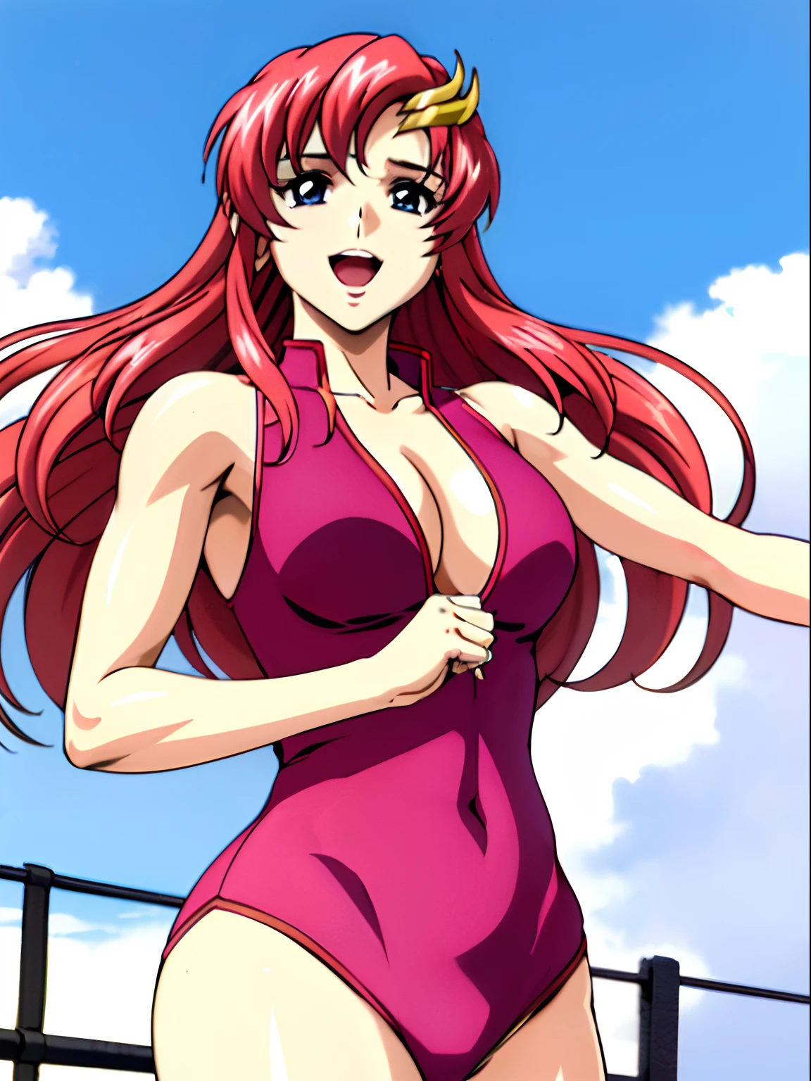 (masterpiece, , 4K, Best Quality, Anime style: 1.9,, Adult Woman, ultra detailed face, (cloud background, wrestling), Drawing lines, high resolution, Anime, lacus4), 1girl, Solo, curvy figure, Long hair, 鎖骨, scapular, (Detailed wide hair bangs, Hair Ornament, Detailed reddish-pink hair, golden crest), cleavage, large hands, (female wrestler). (Big blue eyes, shiny eyes), ((female wrestler, little biceps, slender body, broad shoulders, closed fists)), ((perfect proportions, medium breasts, long belly)), (((pink wrestling outfit))), happy, smile, open mouth, (belly dancing, looking at the viewer), , showing off underarm, (elegant lady)