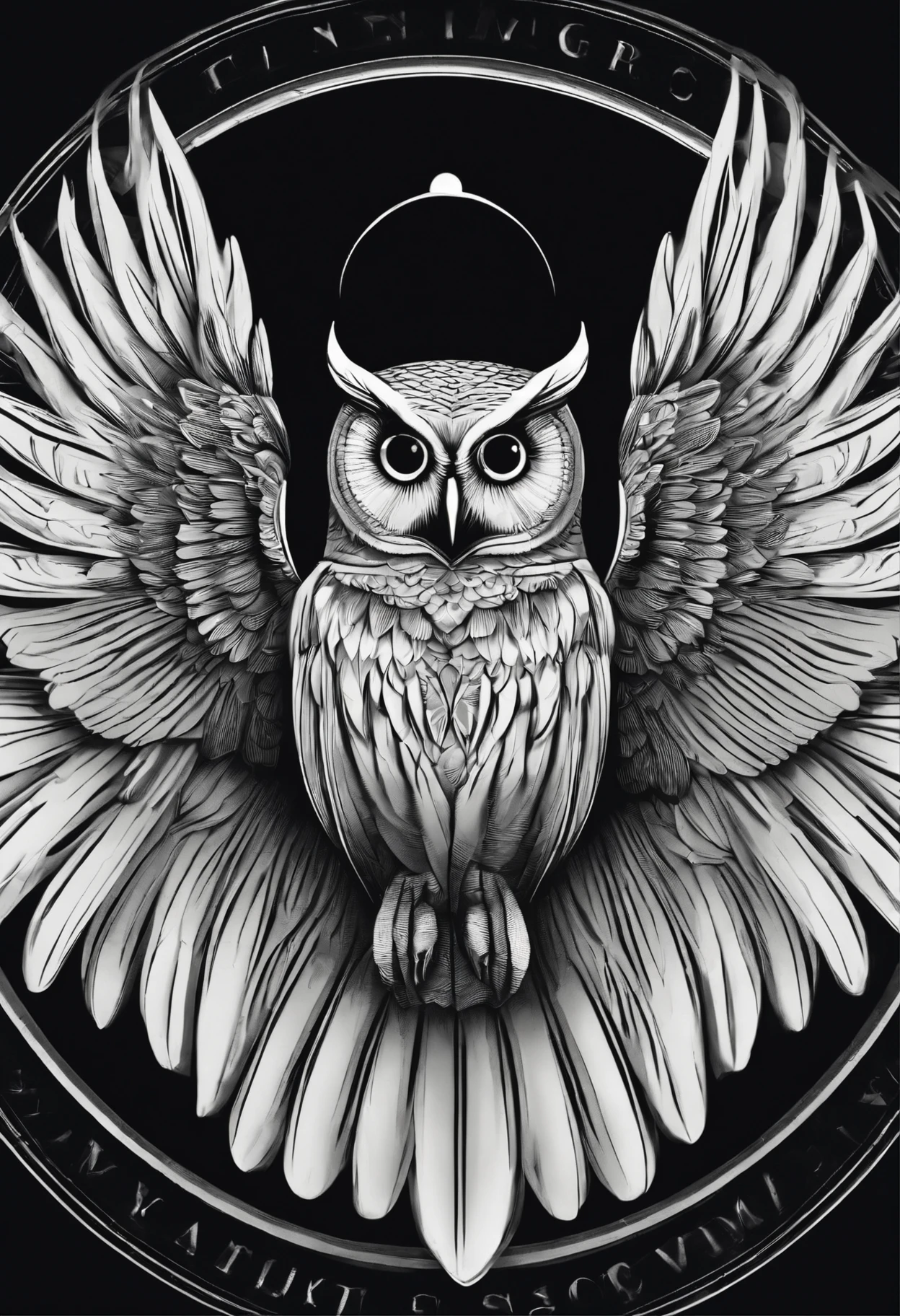 /imagine prompt: smart owl extended wings, geometric illustration, school emblem, in the circle, simple picture, circle from, black and white, sign, simple --no people and surroundings, details