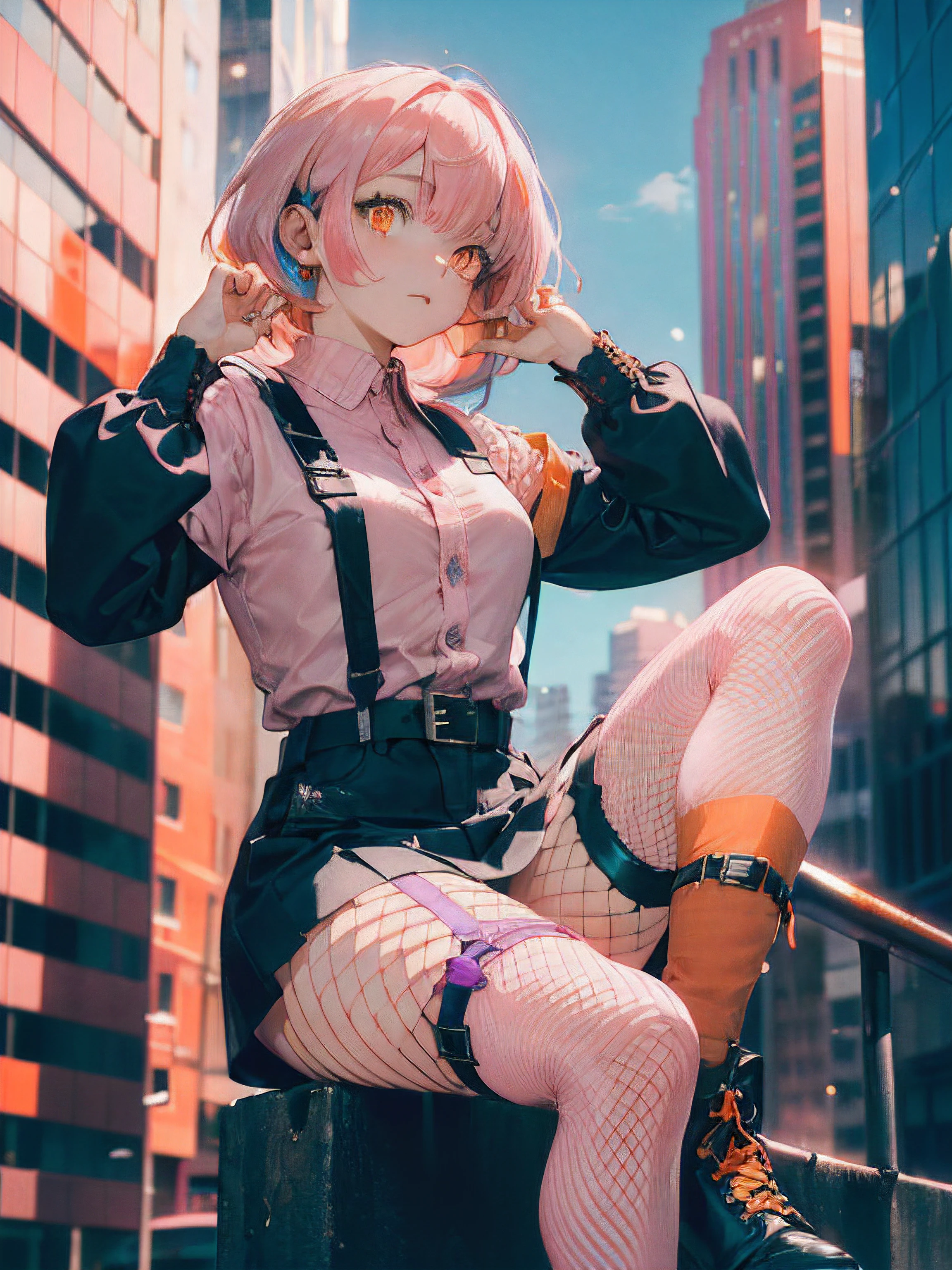 a 19 yo girl , ((Light Pink Hair:1.5)), (hi-top fade:1.3) , dark themed , Muted Tones , Subdued Color , highly contrast , (natural skin textures , Hyper-Realism , Soft light , sharp) , ((Lavender Purple Rue Buckle Harness)) , ((Vista Blue Long Sleeve Shirts :1.5)) , ( Pink Lavender Woman Nike Sneaker ), (Sky Blue Chunky Hiker Ankle Boots) ,(Black fishnet stockings:1.5) , (((shoulder-length hair)) , (bright Orange eyes:1.5) , (beautiful detailed eyes:1.5) , ((Randomat emotion:1.3)) , ((skyscraper background)) , cute pose , focus on the face