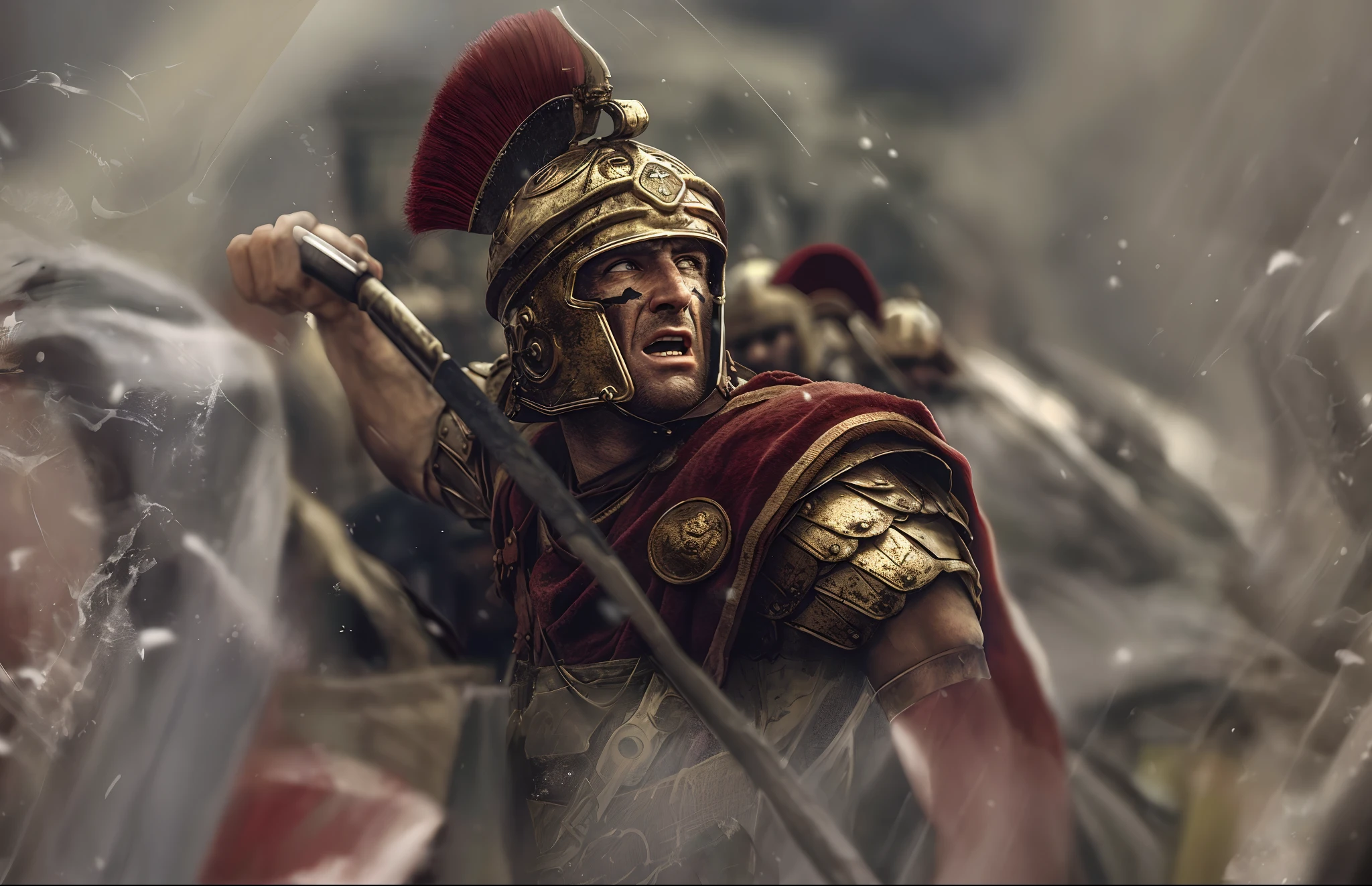 a group of men in armor standing in front of a crowd of people, roman centurion, caesar victorious, roman emperor, roman empire, roman legionnaire, sneering roman legioneer, fall of rome, ancient soldier, inspired by Caesar van Everdingen, trojan war, the fall of rome, inspired by Roman Bezpalkiv, roman gladiator