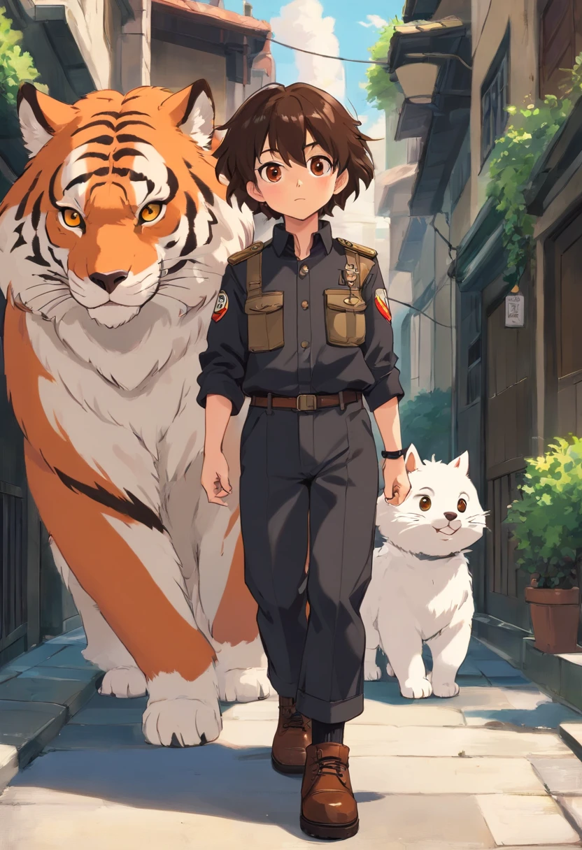 Hombre estilo anime con cola de tigre y oreja de tigre, brown-hair, ojos rojos, alto con buen porte, camisa negra cuello de tortuga, gabardina negra, Beige ankle-length trousers, botas negras estilo militar, Holding the hand of a slightly effeminate and shorter child, con orejas de oso, Cabello negro estilo Wolfcut con mechones blancos en el centro y piel clara, superior negro, black pant, abrigo blanco y botas blancas estilo militar