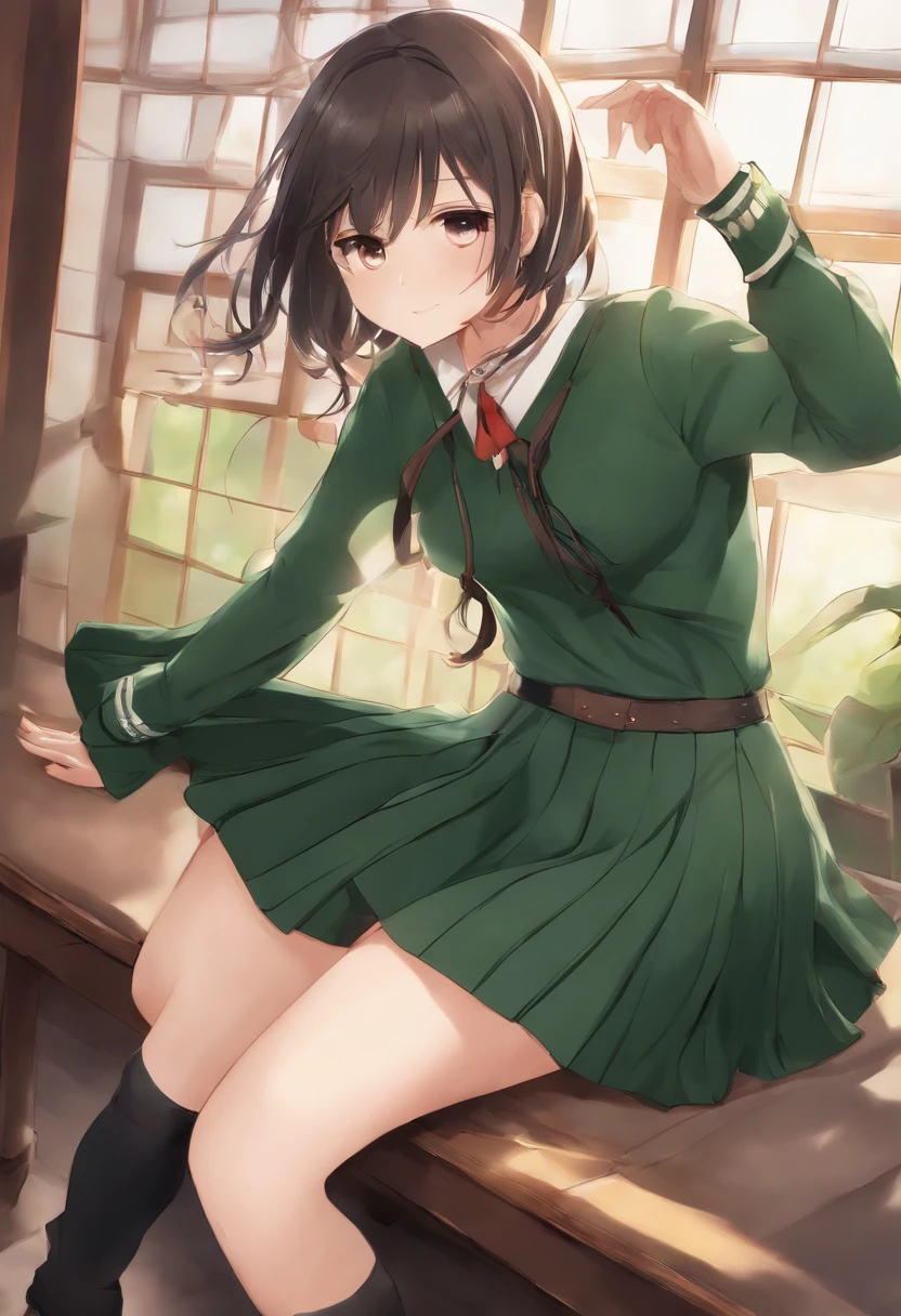 (masutepiece, Best Quality, hight resolution), Arima Kana (oshi no ko), Sian Cur Digan, Sweaters, Dark_Green_Shirt,Miniskirt, Standing, Open open clothes, Solo,
