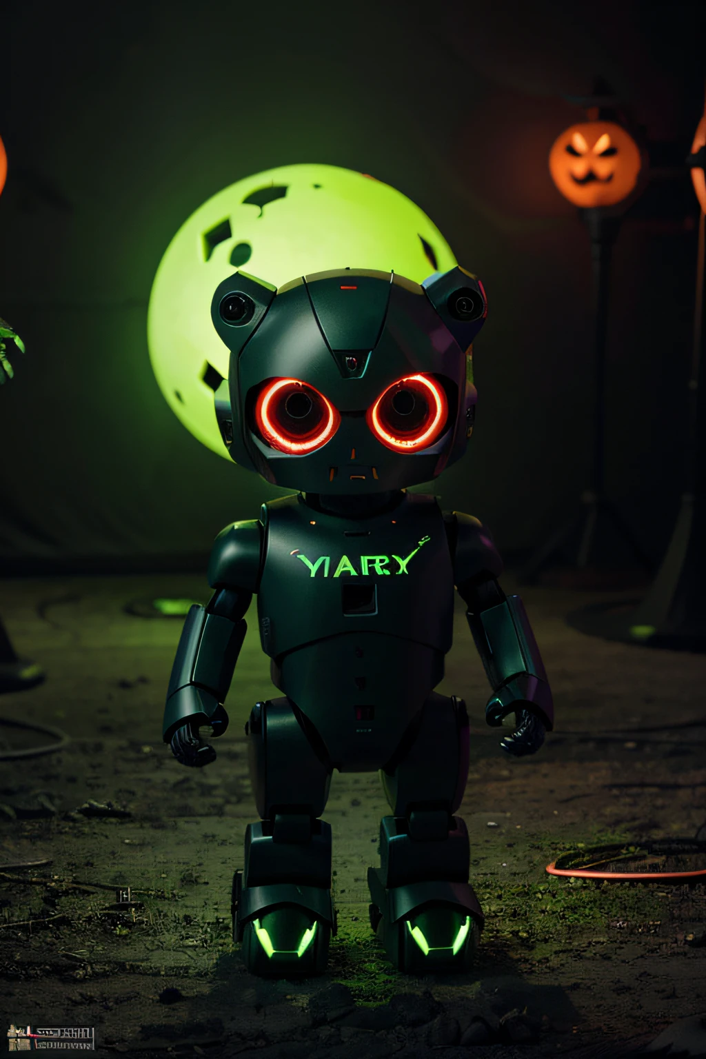 Create me cute little robots with green haloween green laser eyes in a futuristic and terrifying universe