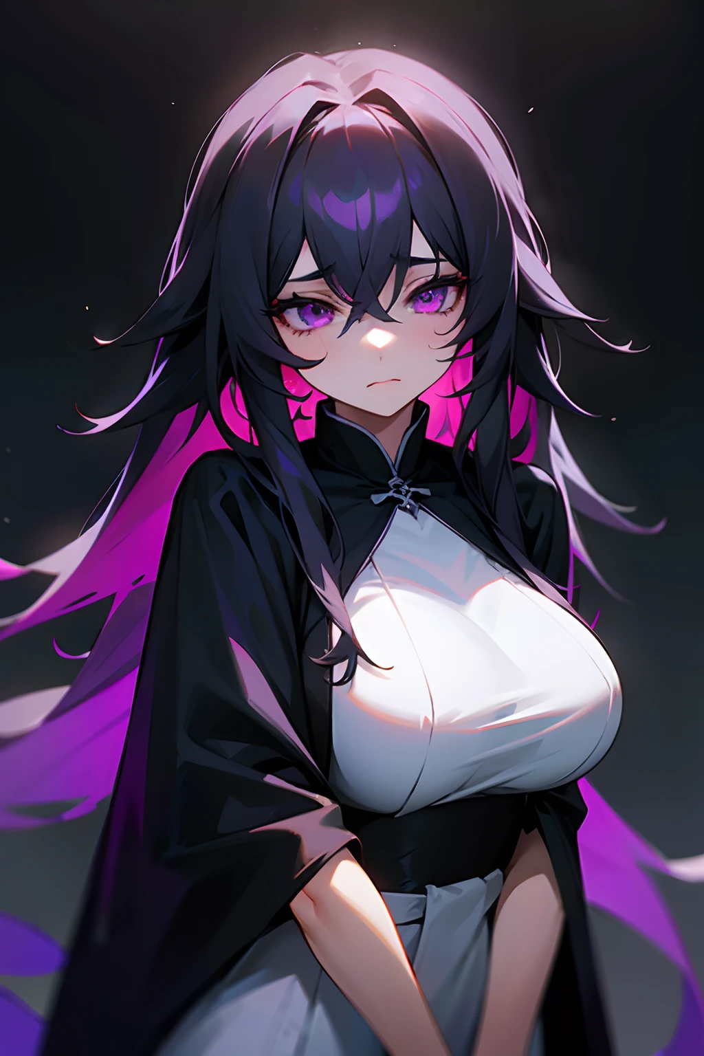 1girl, black long messy hair, black robe, white dress, sad, large breasts, purple eyes, depressed