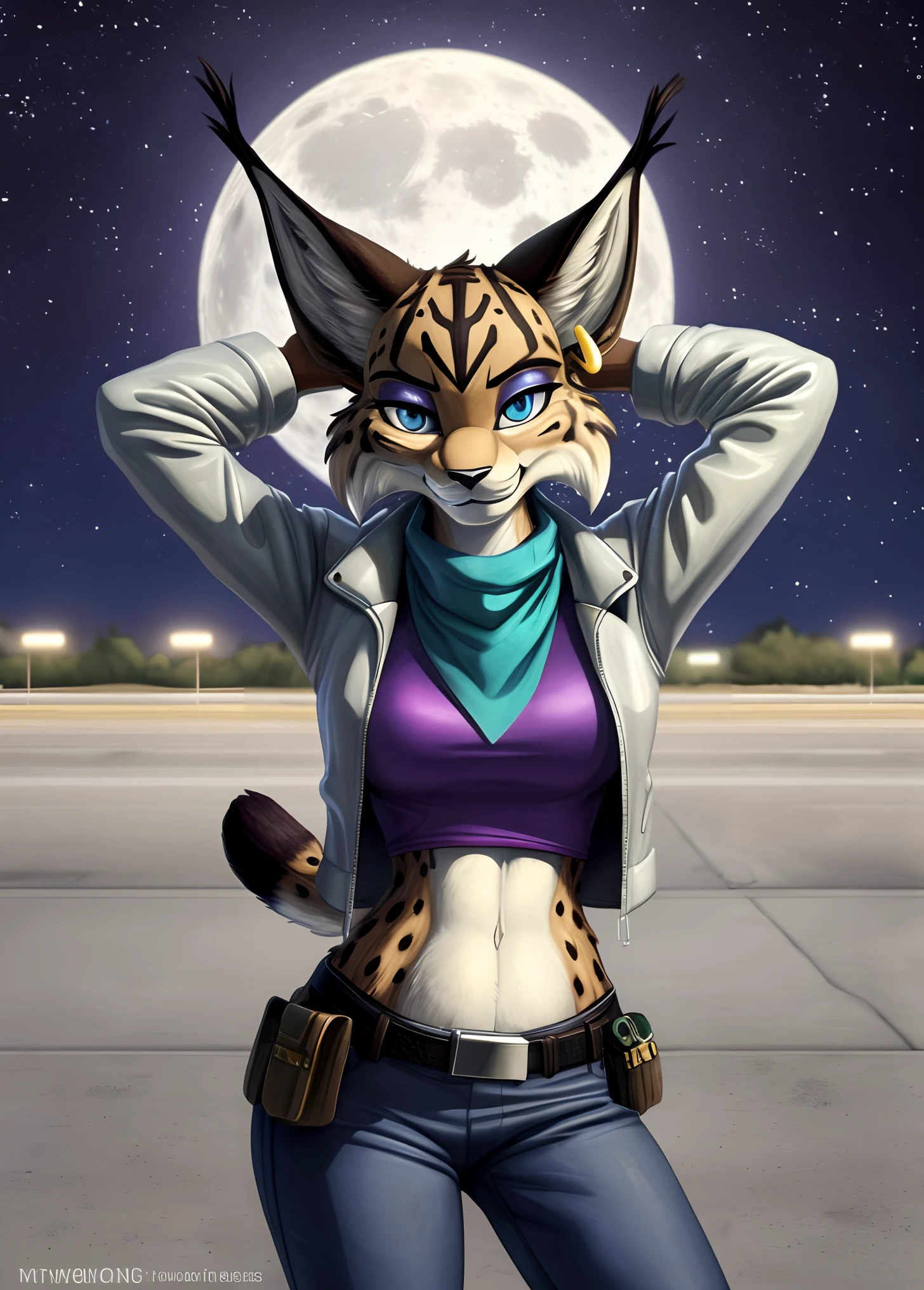 [MiyuCzar], [Starfox 2], [Uploaded to e621.net; (mayosplash), (Pixelsketcher), (wamudraws)], [Uploaded to twitter.com; (@senip)], ((masterpiece)), ((HD)), ((high quality)), ((solo portrait)) ((front view)), ((furry; anthro lynx)), ((detailed fur)), ((detailed shading)), ((beautiful render art)), ((cel shading)), {(female anthro lynx), (slim figure), (brown fur black stripes, black nose, (long pointed lynx ears), (gold earring on LEFT ear), (dark blue eyes), (half-closed eyes), (indigo eyeshadow), (smug grin)}, {(silver leather jacket), (turquoise scarf), (purple shirt), (tight purple pants), (utility belt with gold triangle belt buckle), (grey combat boots)}, {(standing on concrete), (hand on head)}, [background; (air force base), (jet runway), (starry sky), (full moon)]