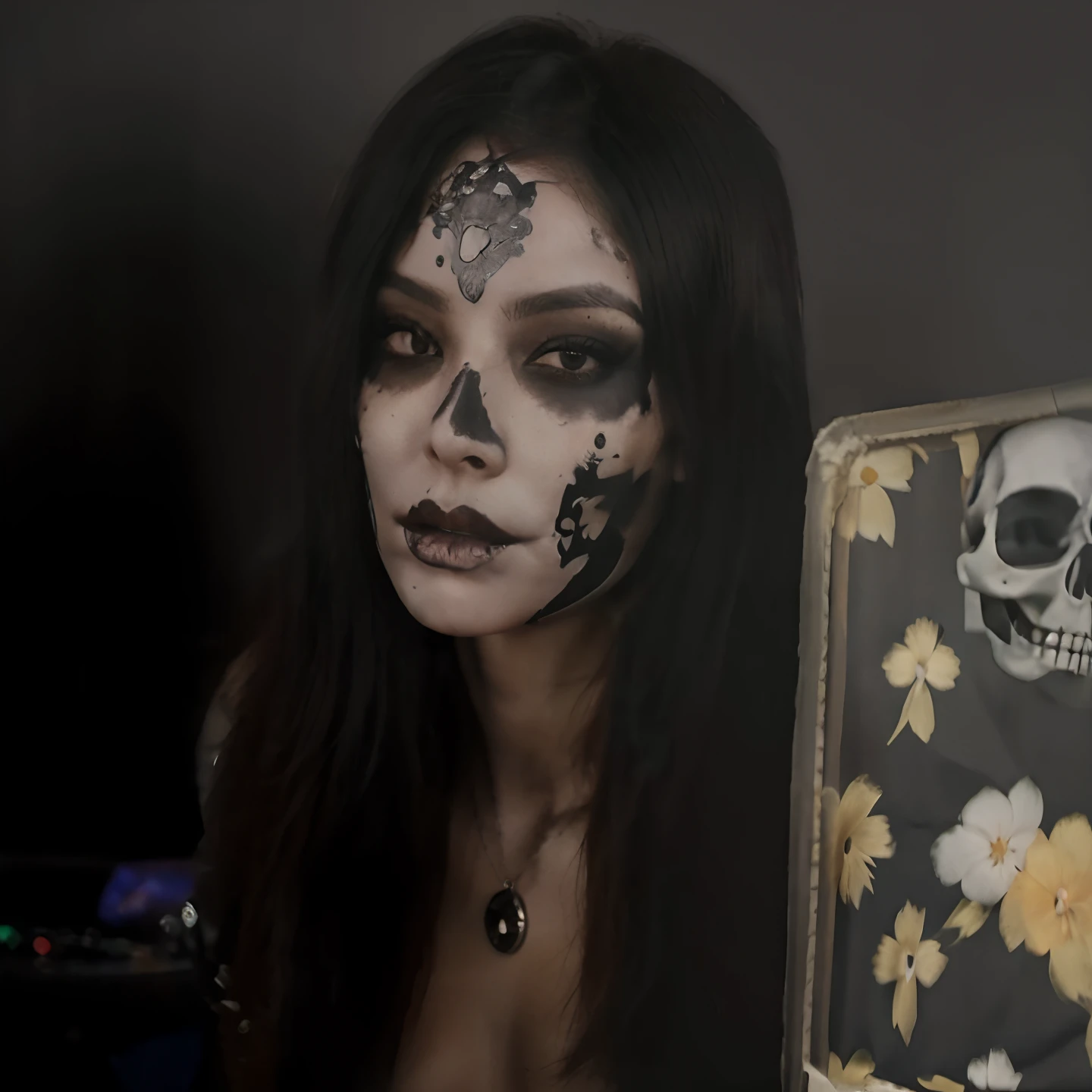 mulher arafed com um esqueleto rosto pintar tirando uma selfie, full skull shaped face cover, olhar assustador, the mask covers her entire face, skull face paint, cara Ahegao, skull face, foto de perfil, do esqueleto, skull mask, cruel korean goth girl, imagem de perfil, gothic horror vibes, face with skull mask, Ahegao, ((skull)), Tinta de caveira