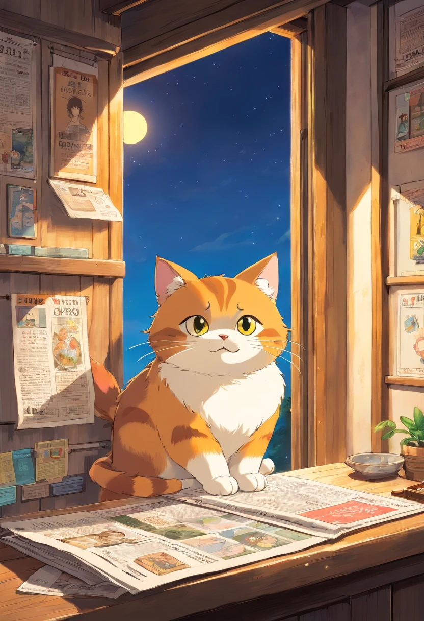 Un lindo gato de ojos redondos,Read the newspaper, Luz solar fuera de la ventana