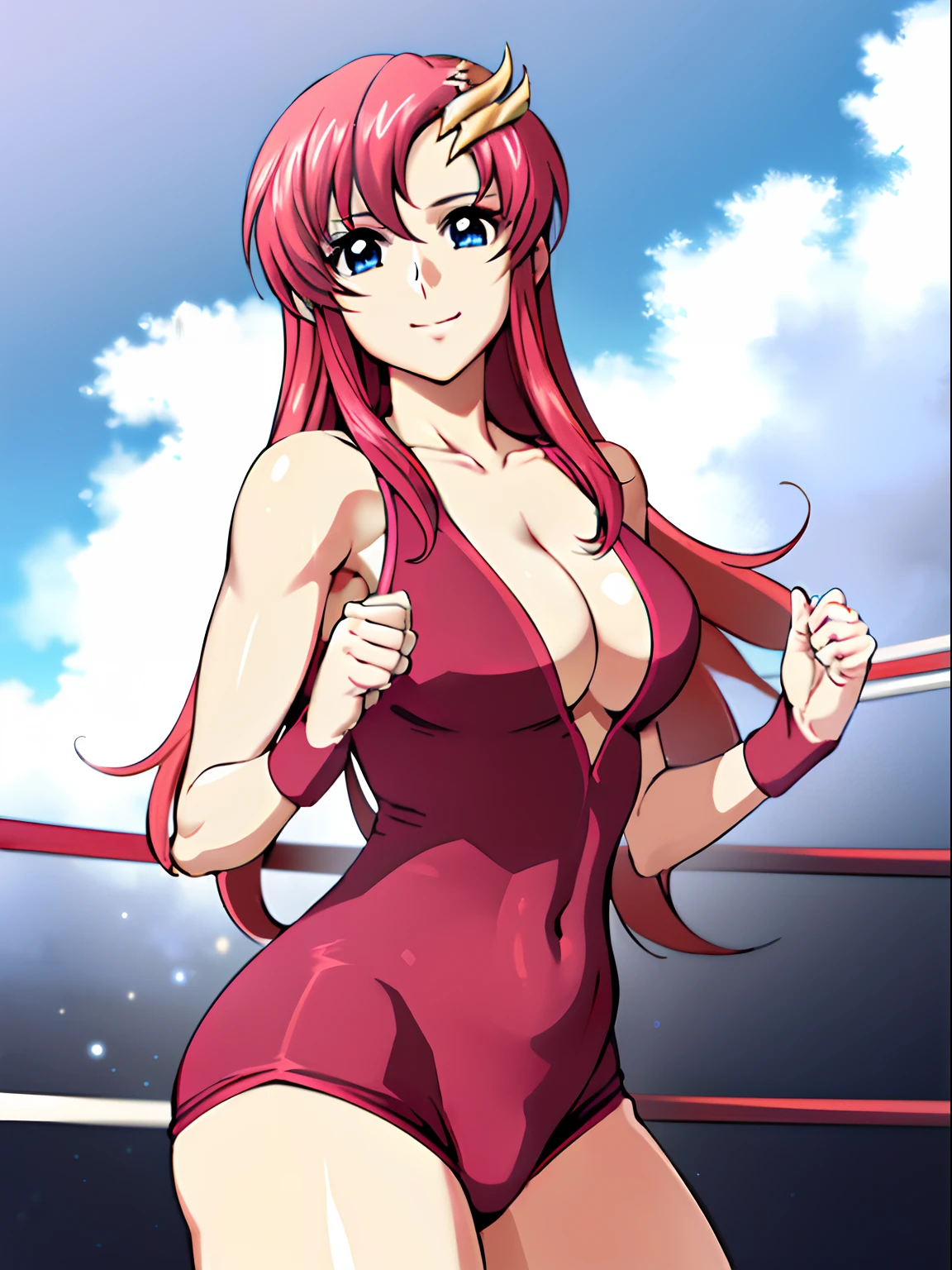 (masterpiece, , 4K, Best Quality, Anime style: 1.9,, Adult Woman, ultra detailed face, (cloud background, wrestling), Drawing lines, high resolution, Anime, lacus4), 1girl, Solo, curvy figure, Long hair, 鎖骨, scapular, (Detailed wide hair bangs, Hair Ornament, Detailed reddish-pink hair, golden crest), cleavage, large hands, (pro female wrestler). (Big blue eyes, shiny eyes), ((female wrestler, little biceps, slender body, broad shoulders, closed fists)), ((perfect proportions, medium breasts, cleavage, long belly)), (((pink wrestling outfit))), happy, smile, closed mouth, (looking at the viewer), , showing off underarm, (elegant lady)