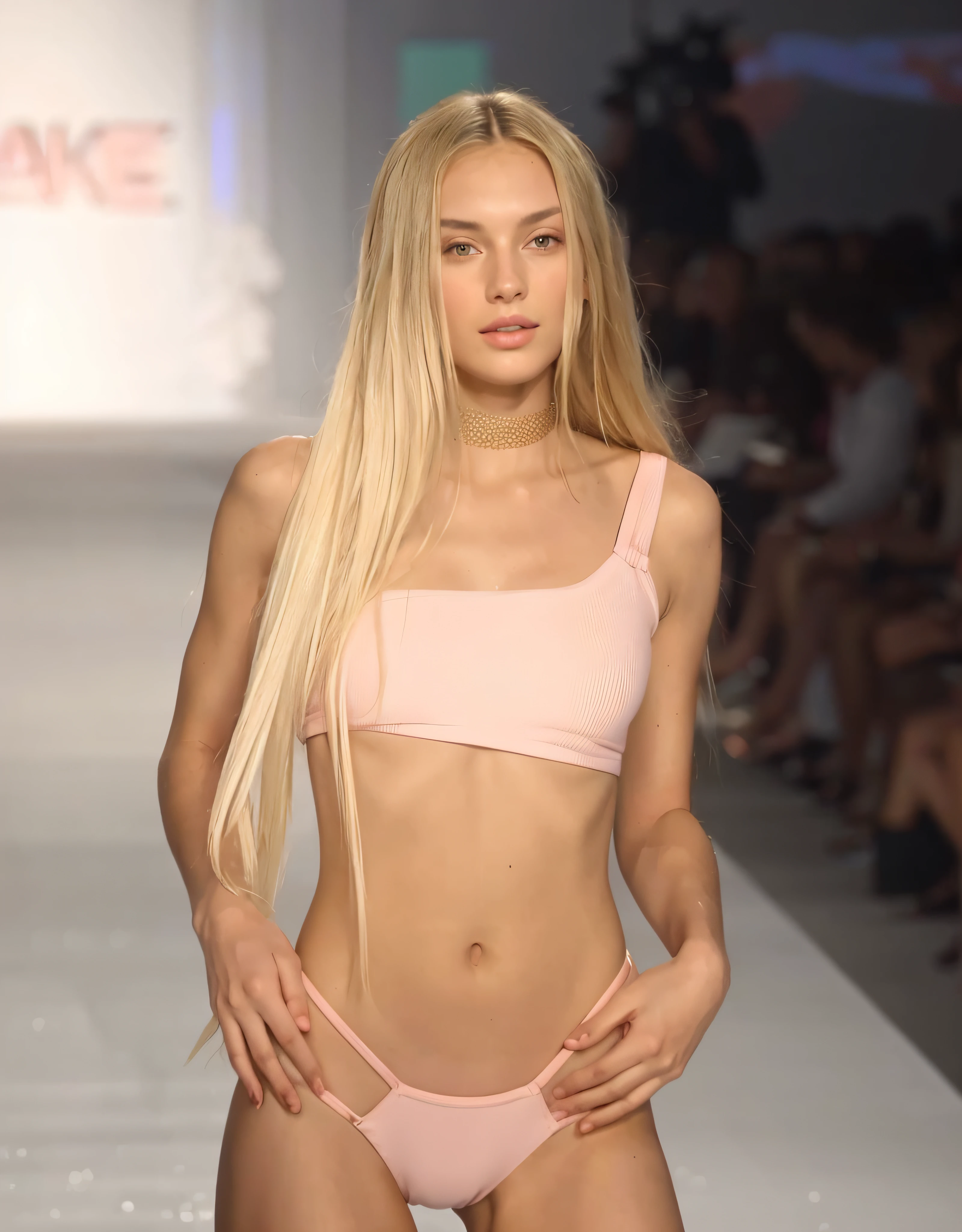 arafed woman in a pink bikini walks down a runway, gorgeous young model, bikini model, young swimsuit model, swimsuit model, 2 4 old female model, fashion model, beautiful model, very pretty model, gorgeous bikini model, pale pink bikini, beautiful female model, glamorous runway model, bikini, fashion model features, light pink bikini