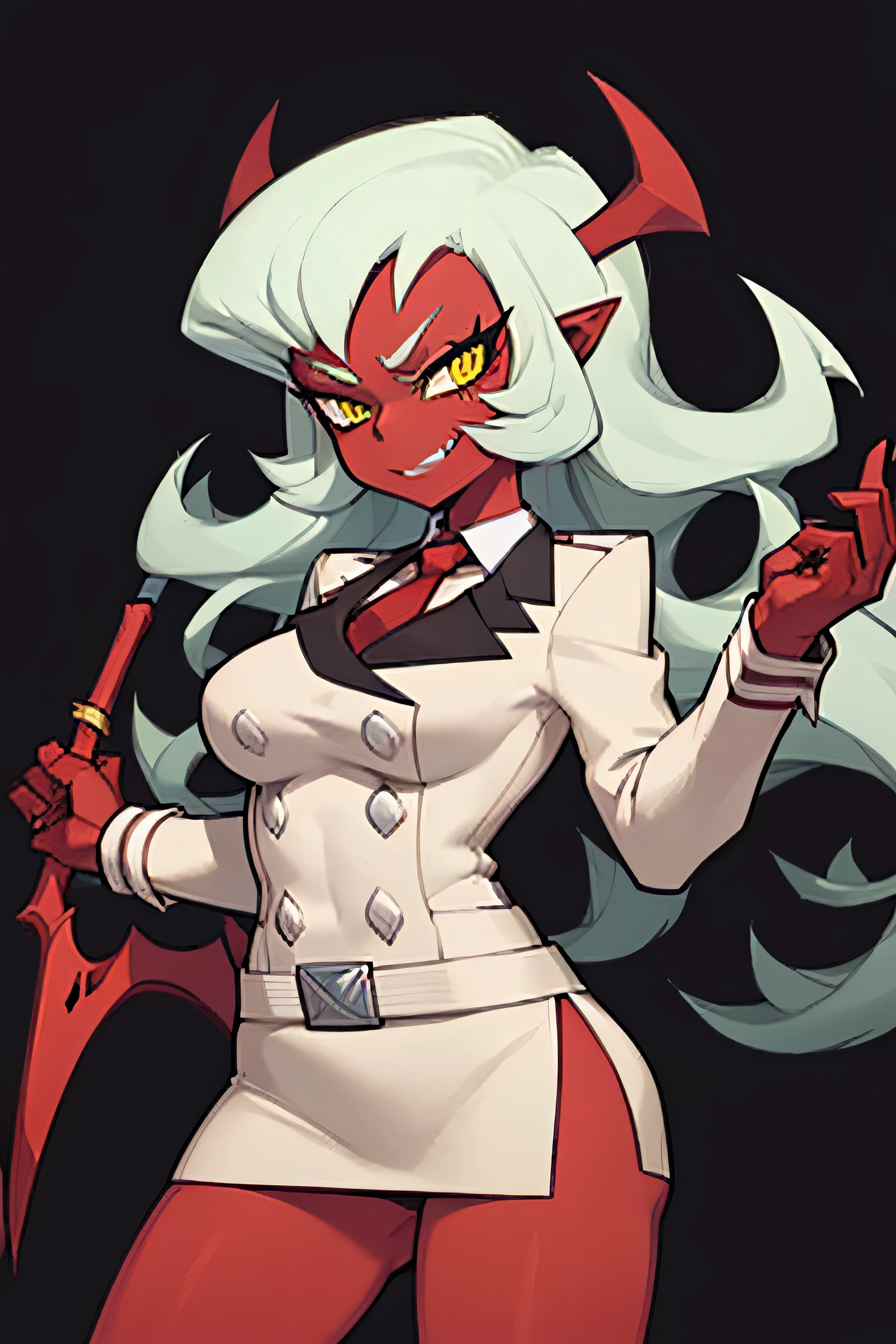 (masterpiece, best quality:1.2), solo, 1girl, psgscanty, (((red skin))), evil smile, looking at viewer, standing, confidence, arrogant, horns, v-shaped eyebrows, jacket, red necktie, skirt, skirt suit, belt, wide stance, dynamic pose, holding scythes,