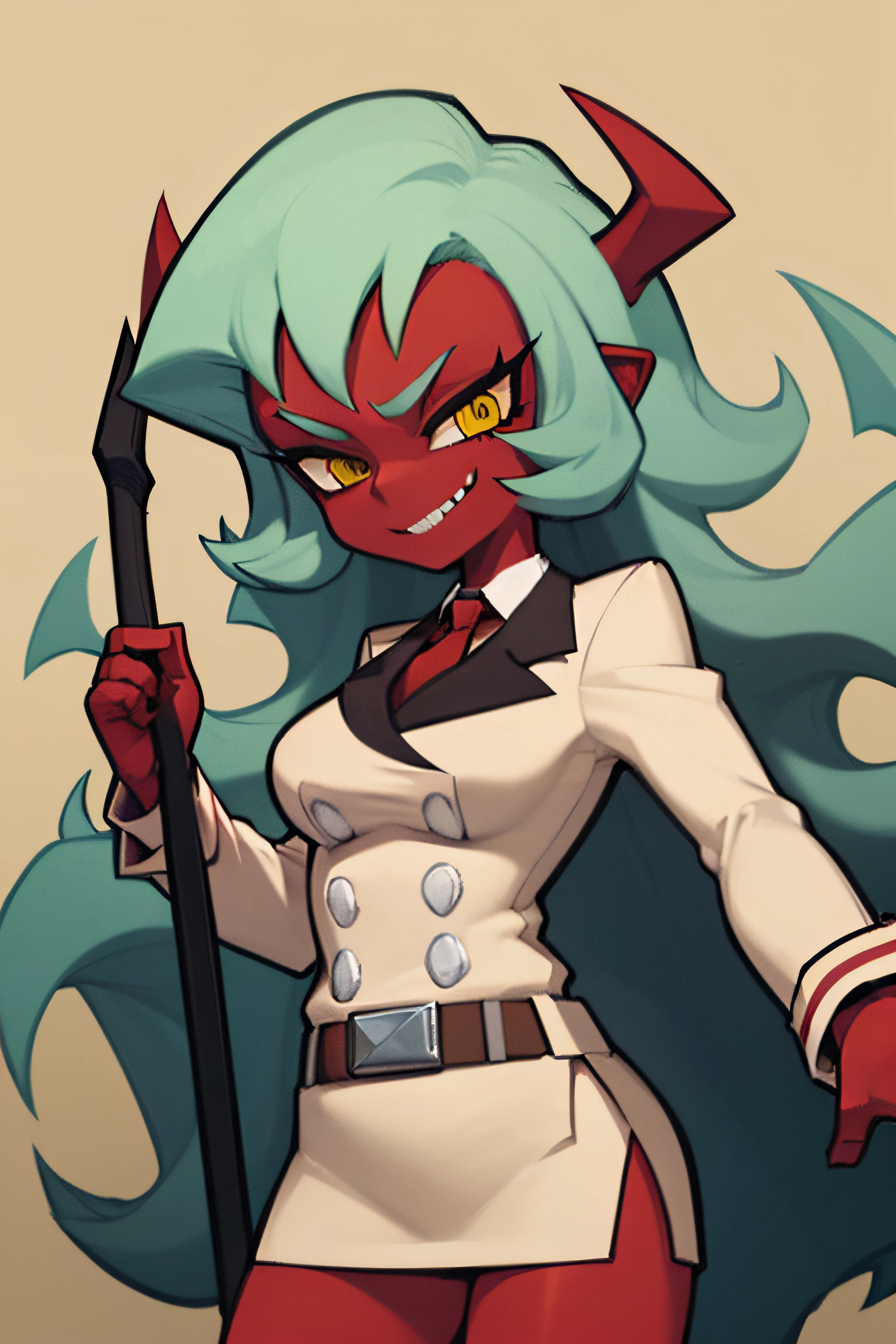 (masterpiece, best quality:1.2), solo, 1girl, psgscanty, (((red skin))), evil smile, looking at viewer, standing, confidence, arrogant, horns, v-shaped eyebrows, jacket, red necktie, skirt, skirt suit, belt, wide stance, dynamic pose, holding scythes,