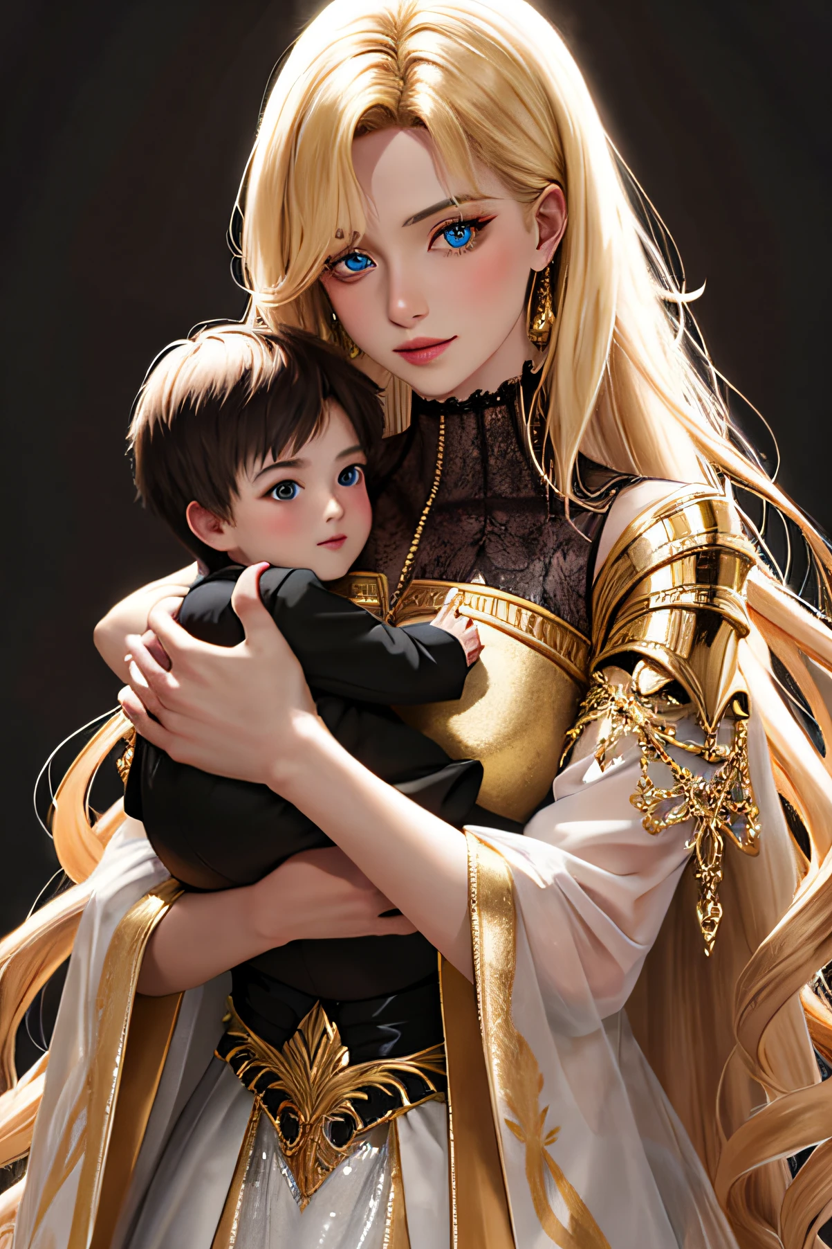tmasterpiece, beste-Qualit, hiquality, hight resolution, High-quality texture, High-quality shadow, higly detailed, realisti, cinematiclight, sidelightning, Very beautiful girl with golden hair holding a blonde boy in her hands, hair light, Dress with detailed embroidery, Long Dress, A child in her arms, Boy in his arms