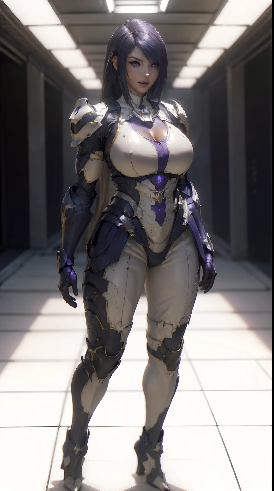 (1GIRL,SOLO:2), (super detailed face), ((white long hair)), ((BIG BUTTOCKS, HUGE FAKE BREASTS:1.5)), (CLEAVAGE TOP:1.5), (11 LINE ABS FEMALE:1.4), (MECHA GUARD ARM:1.4), ((WEAR PURPLE WHITE MECHA OVERWATCH ARMOR SUIT CROP TOP, BLACK MECHA SKINTIGHT SUIT PANTS, MECHA GUARD ARMOR LEGS, HIGH HEELS:1.5)), (LEWD VOLUPTUOUS BODY:1.3), (GLOWING SKIN:0.8), (LONG LEGS, FULL BODY:1.1), (LOOKING AT VIEWER:1.3), (female focus:0.886), (WALKING DOWN HALLWAY OF FUTURISTIC SPACE STATION:1), (BRIGHT LIGHT WHITEROOM:1.3), SUPER TEXTURE, UNREAL ENGINE RENDER, PHYSICALLY-BASED RENDERING, ULTRA HIGHT DEFINITION, 16K, 1080P.