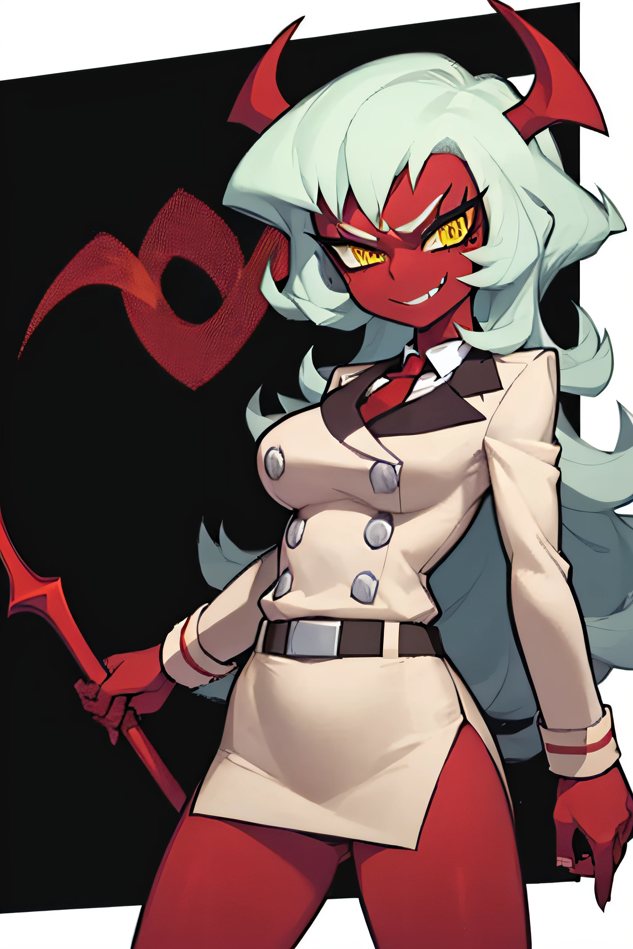 (masterpiece, best quality:1.2), solo, 1girl, psgscanty, (((red skin))), evil smile, looking at viewer, standing, confidence, arrogant, horns, v-shaped eyebrows, jacket, red necktie, skirt, skirt suit, belt, wide stance, dynamic pose, holding scythes,