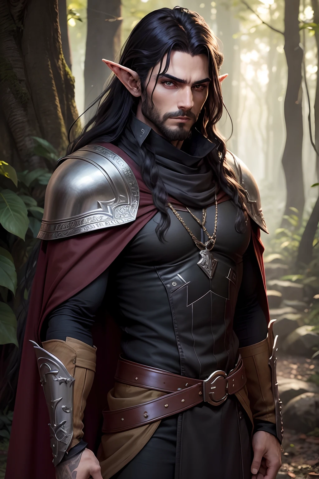 An elven forest male elf. Nascido da floresta. With boots that don't make a sound. Black leather armor on the background and cape to become invisible. Cabelo preto comprido com design robusto. Os olhos amarelos pareciam gritar como um lobo. Facial feature would be manly, but fine elven, His gaze would be intense and serious. ready for action at any time, Ladino. usando um capuz preto, duas adagas na cintura. na floresta escura, luz escura, masculino. Noite, masculino
